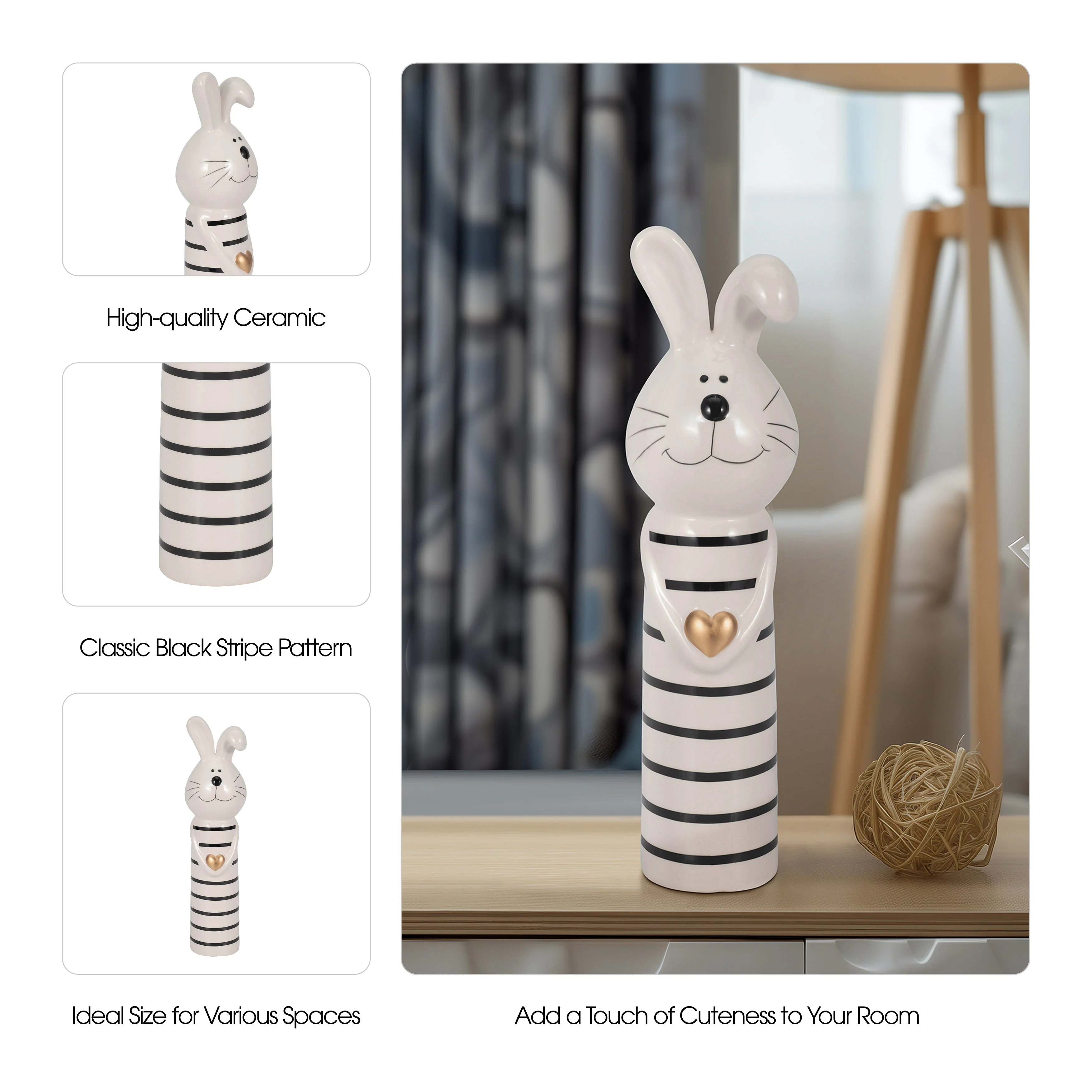 10" Lines Bunny With Gold Heart, White/black - Image 10