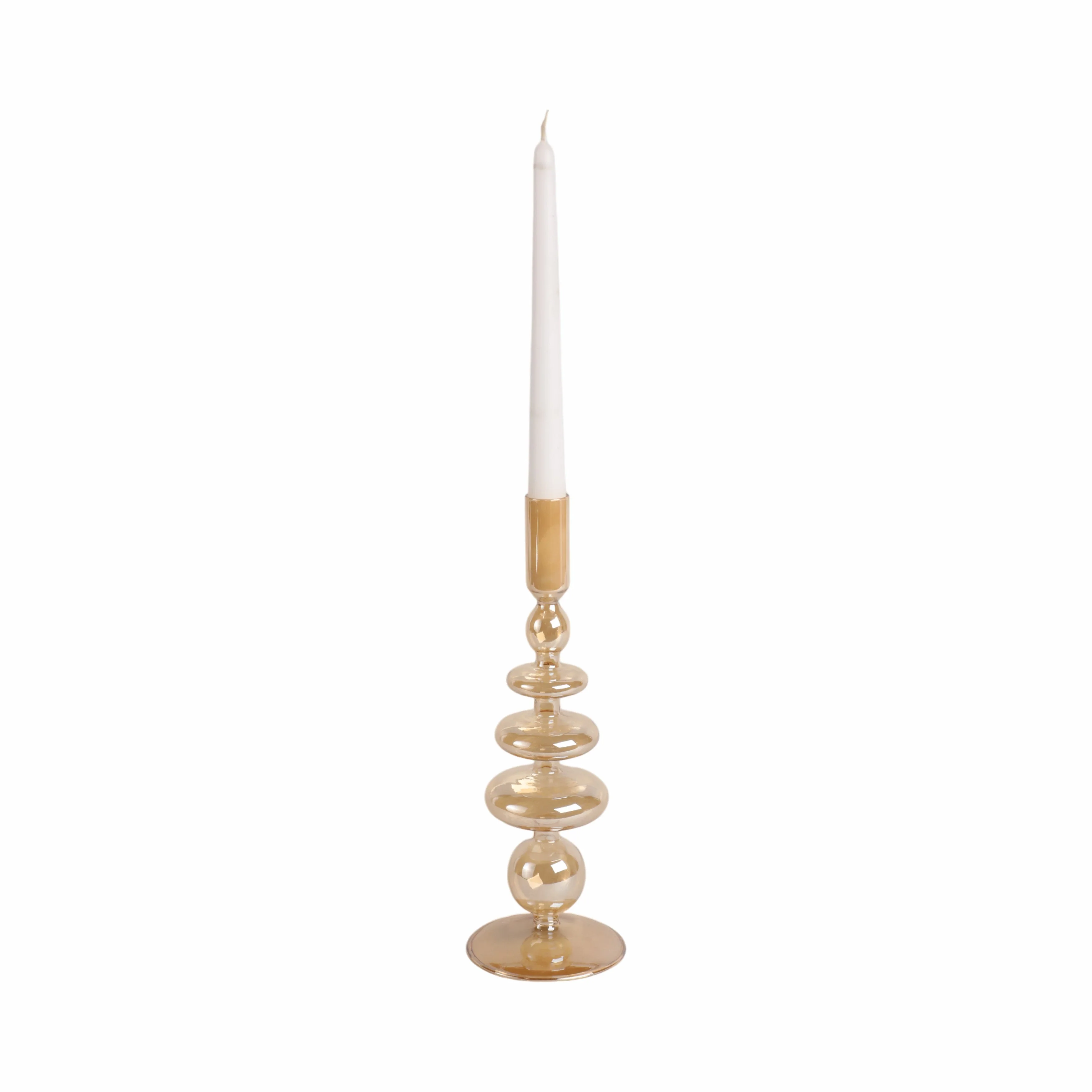 11" Vintage Glass Taper Candle Holder, Gold Luster - Image 3