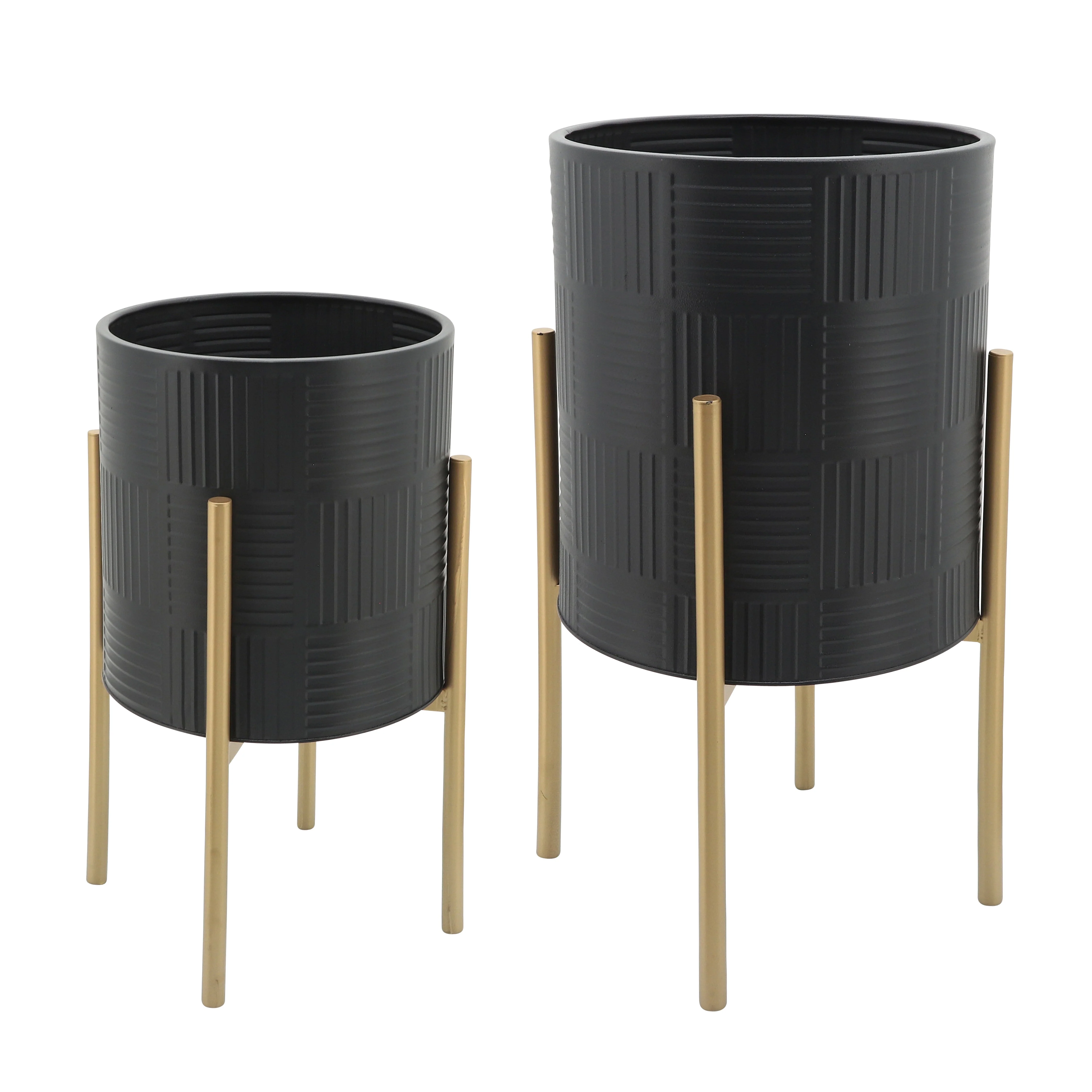 12629-15 S/2 RIDGED PLANTERS IN METAL STAND, BLACK( Sagebrook Home )