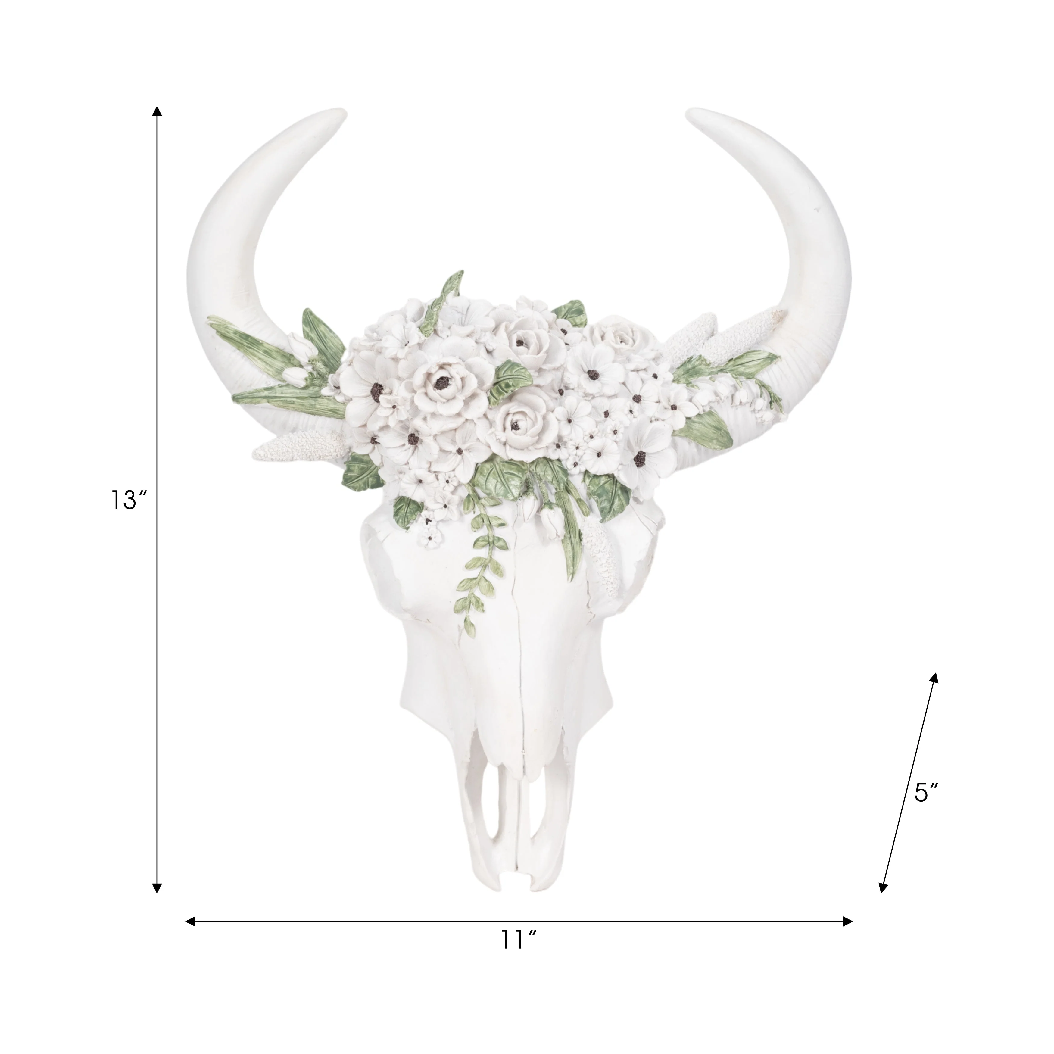 13" Bull Skull With White Flowers, White - Image 6