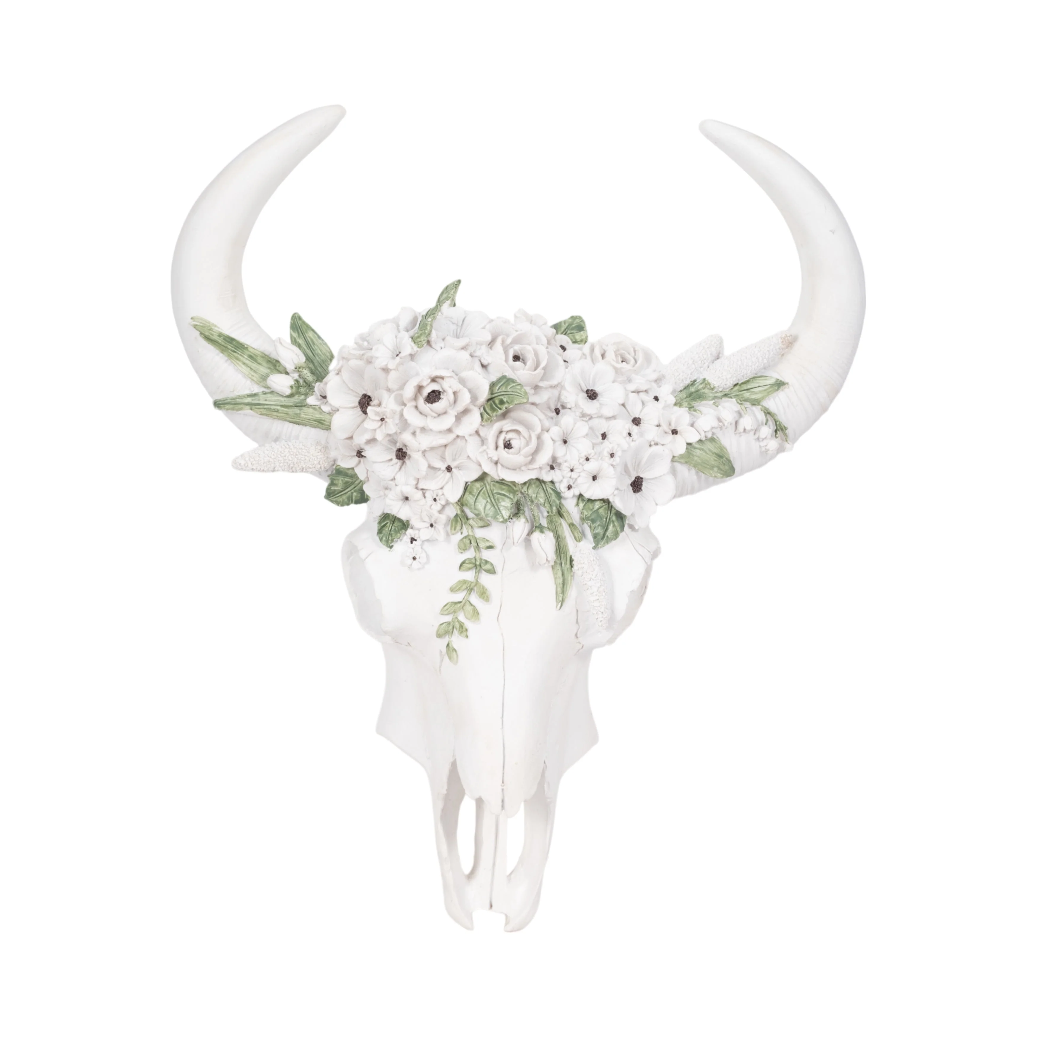 13" Bull Skull With White Flowers, White - Image 7