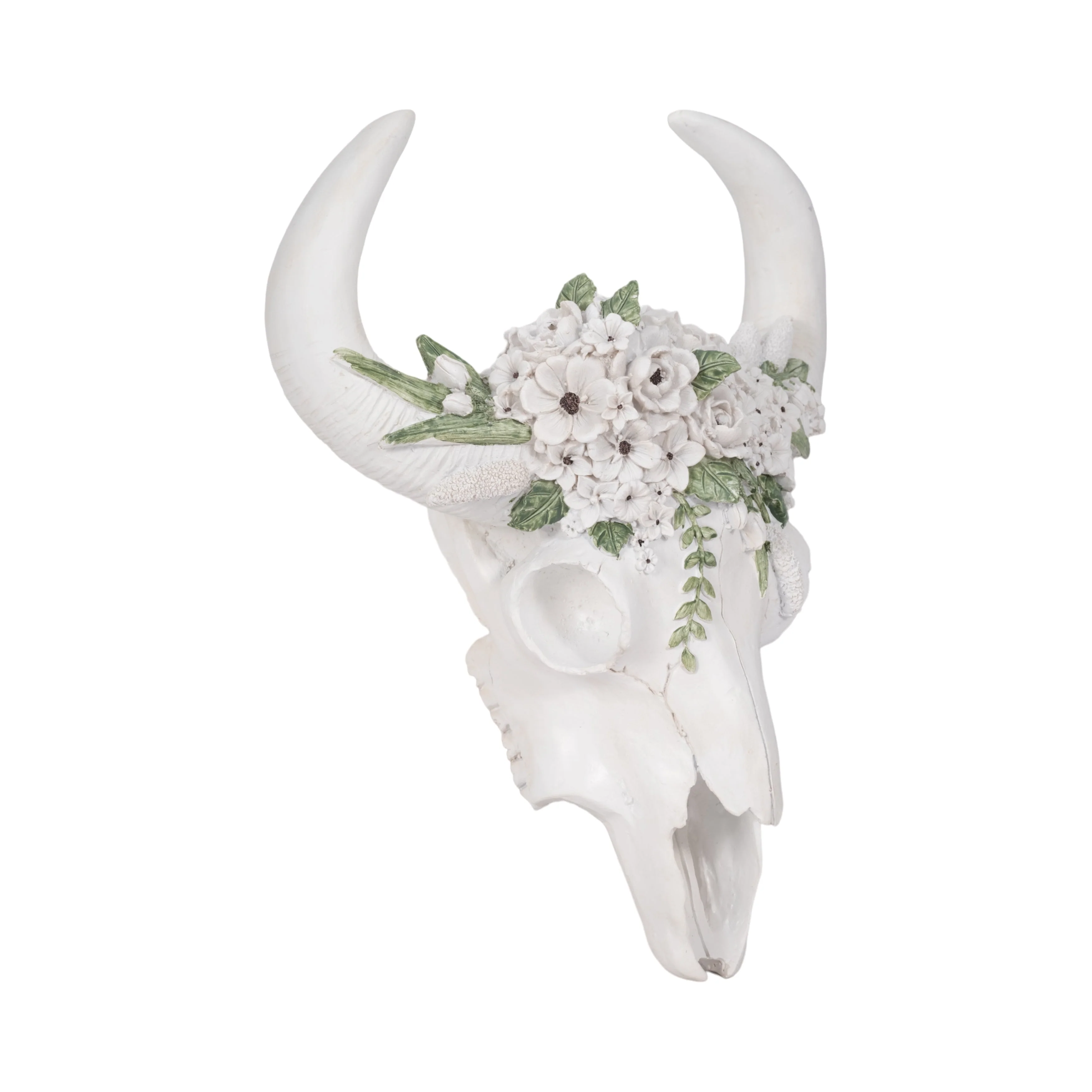 13" Bull Skull With White Flowers, White - Image 8