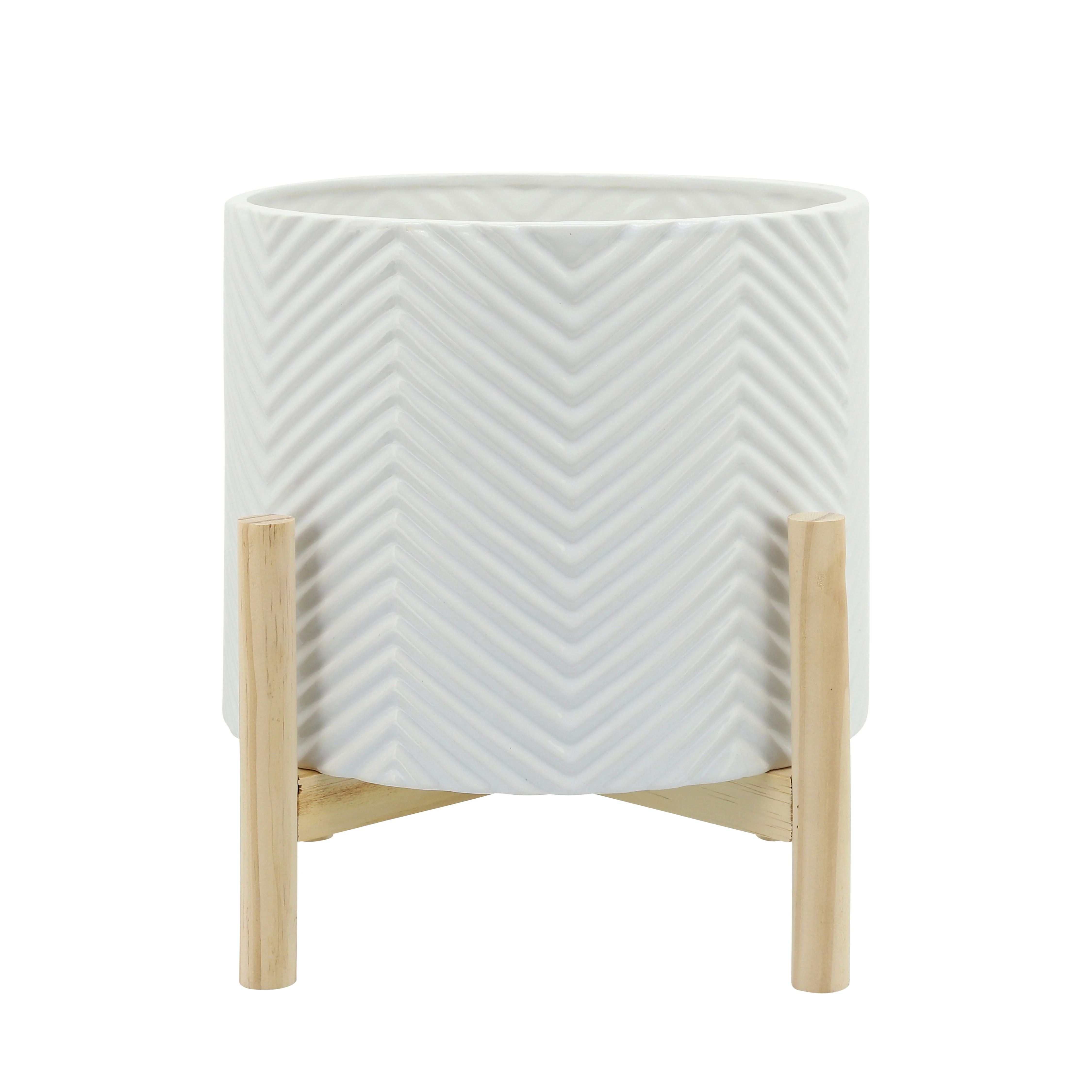 15065-01 12" CERAMIC TRIBAL PLANTER W/ WOOD STAND, BEIGE( Sagebrook Home )
