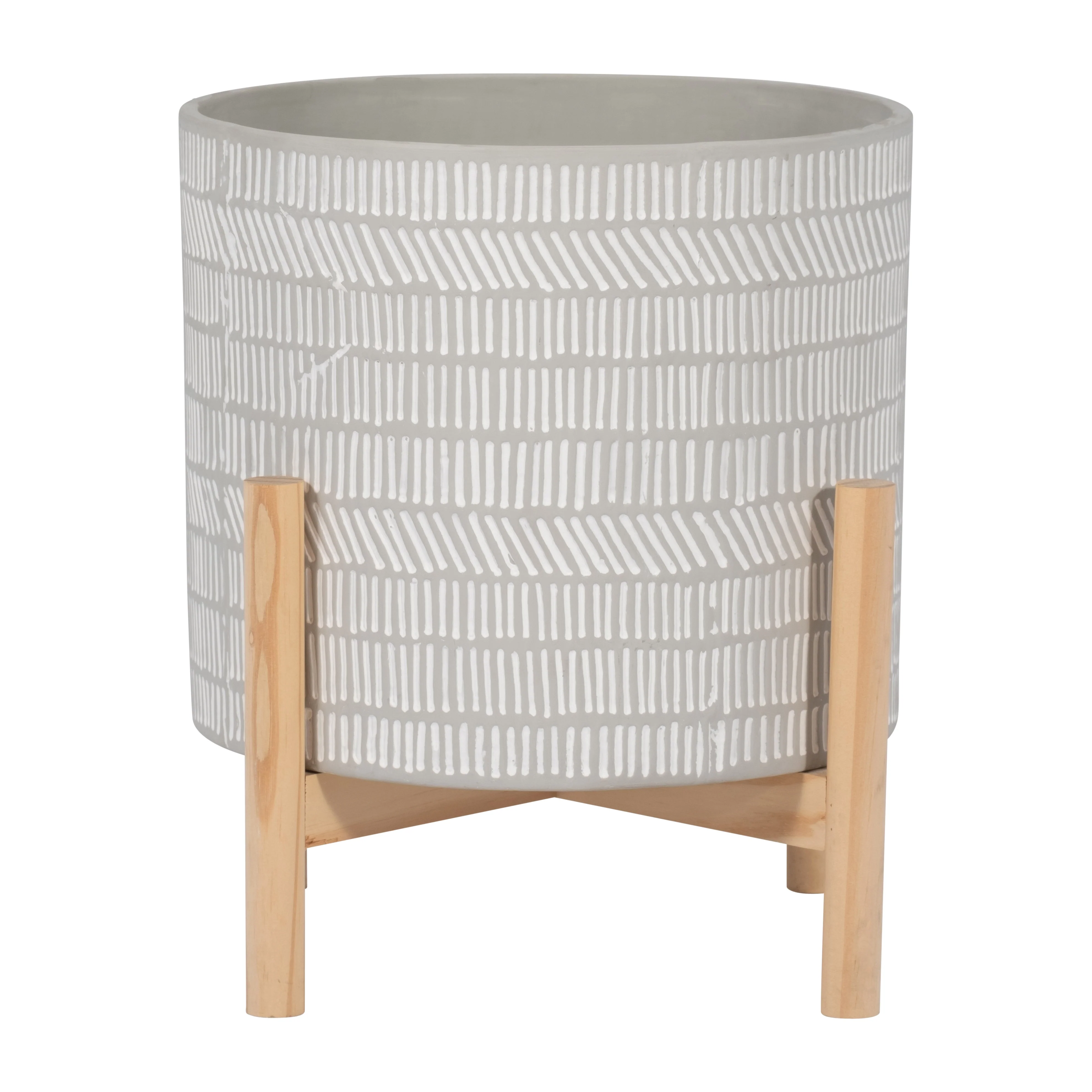15068-01 8" CERAMIC PLANTER W/ WOOD STAND, BEIGE MIX( Sagebrook Home )