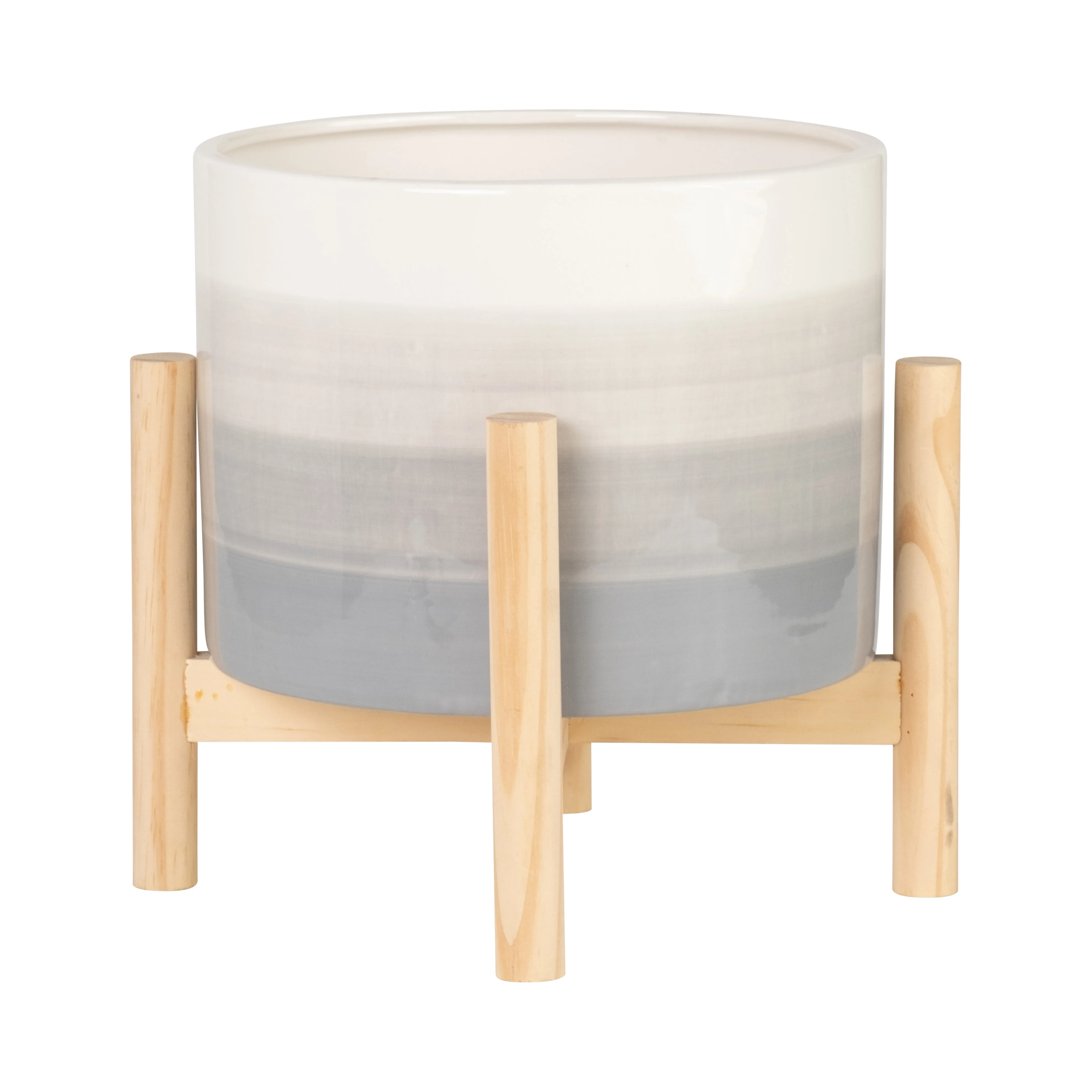 15069-02  6" CERAMIC FLUTED PLANTER W/ WOOD STAND, BLACK( Sagebrook Home  )