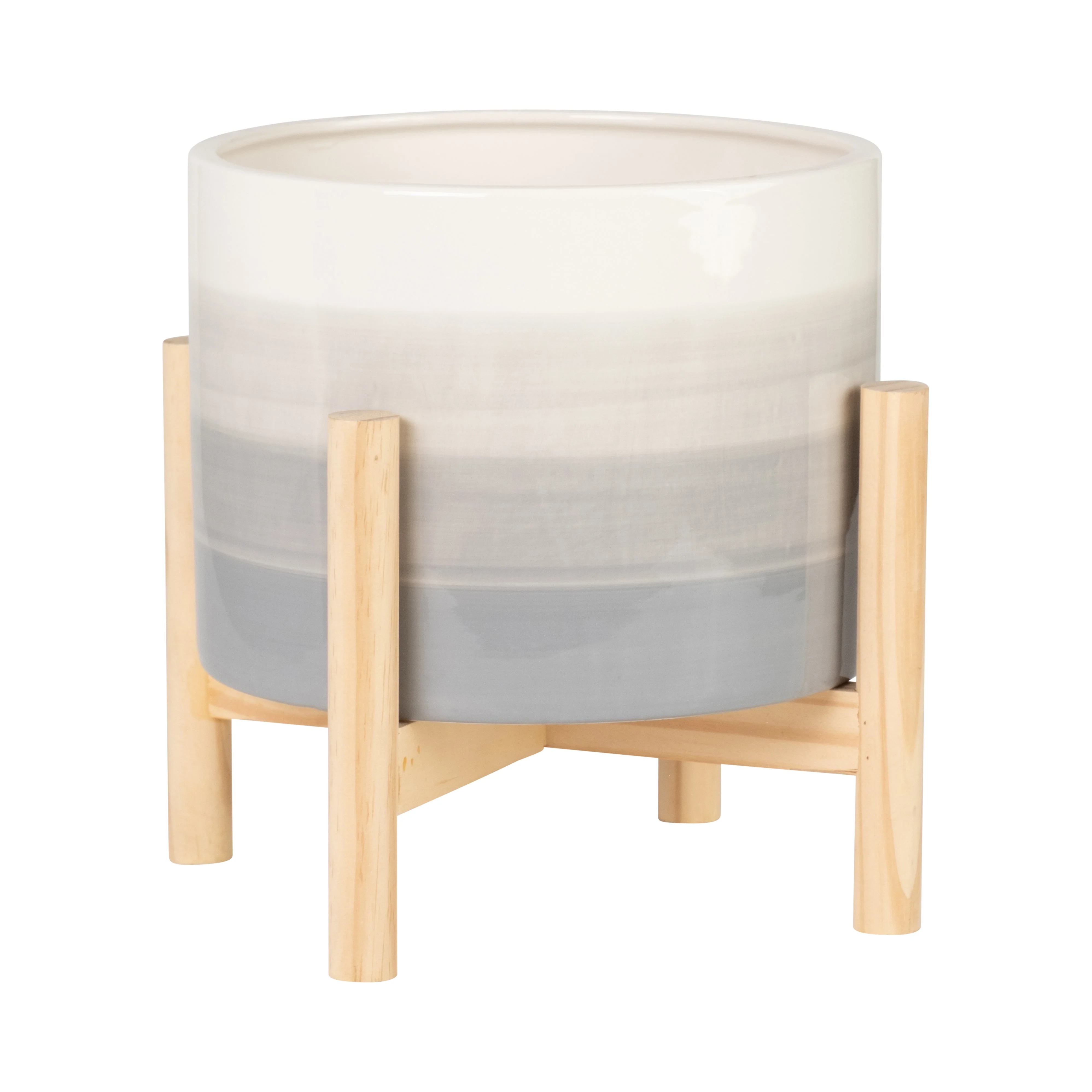 15069-02  6" CERAMIC FLUTED PLANTER W/ WOOD STAND, BLACK( Sagebrook Home  ) - Image 2