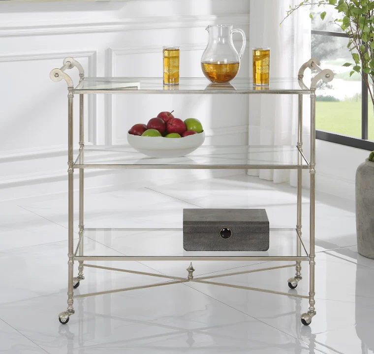 24071-SL-UTT | Henzler 106 W x 95 H x 45 D Silver Bar Cart with Mirror Top