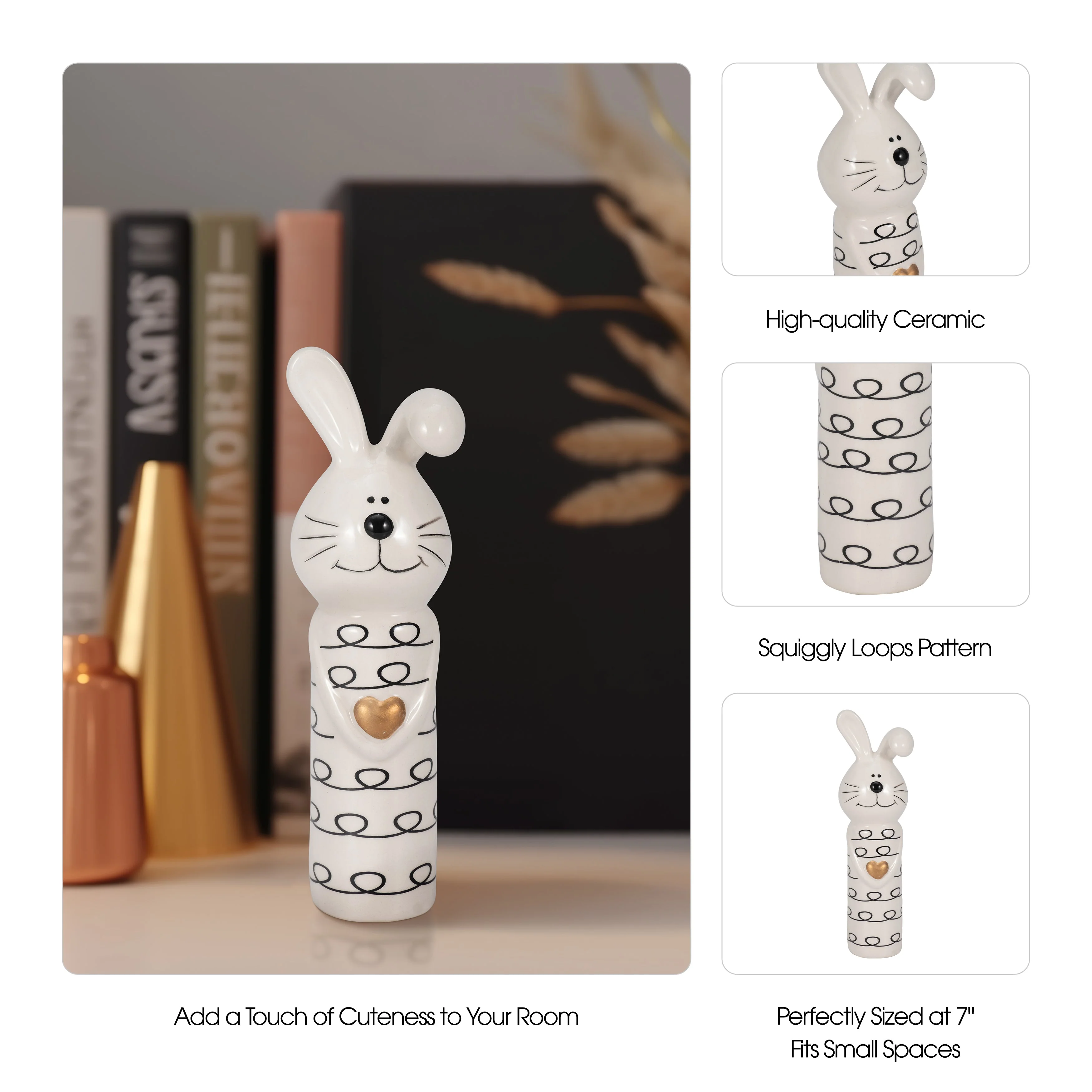 7" Squiggly Bunny With Gold Heart, White/black - Image 10