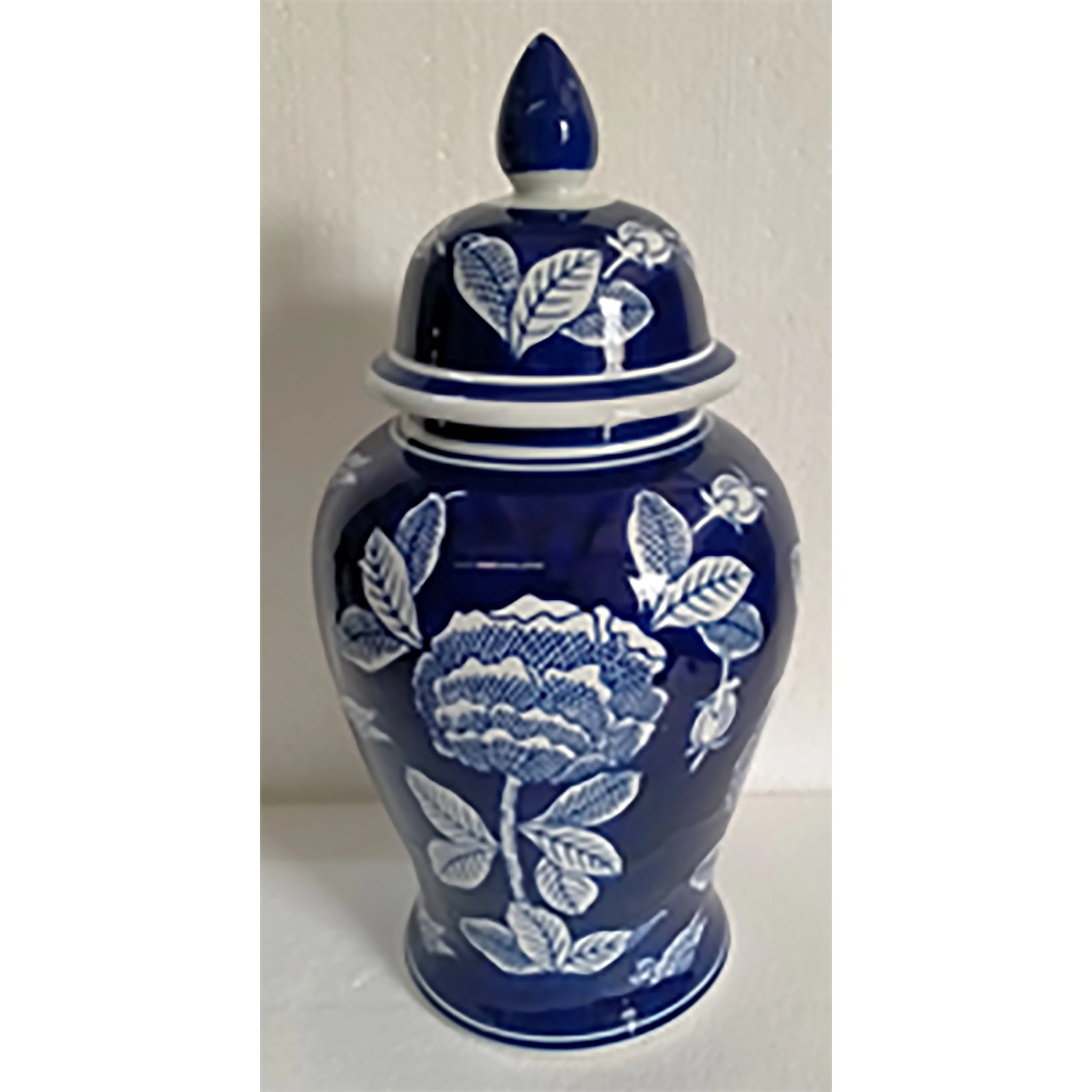 CER, 14"H FLORALTEMPLE JAR, WHT/BLU - Image 2