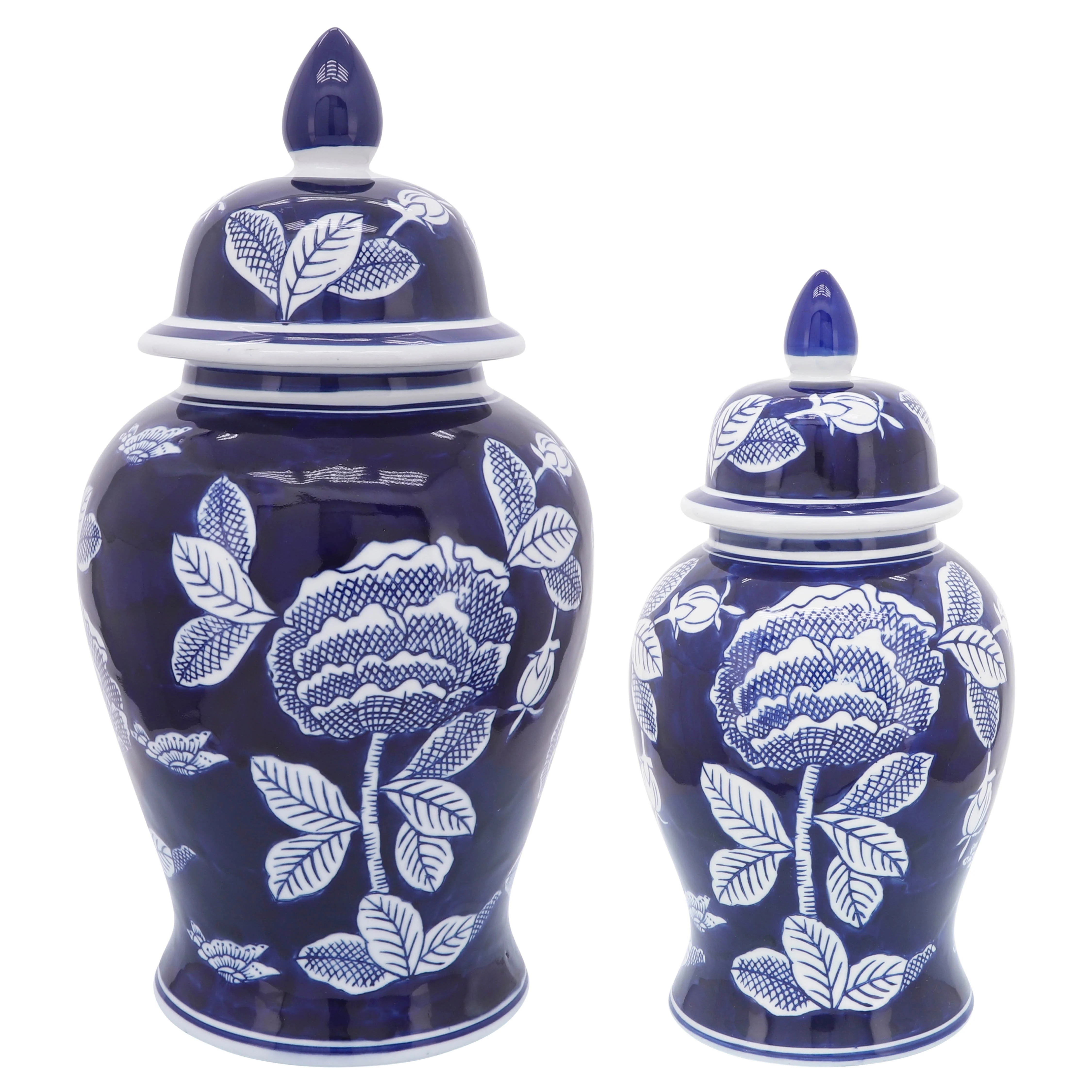 CER, 14"H FLORALTEMPLE JAR, WHT/BLU - Image 3
