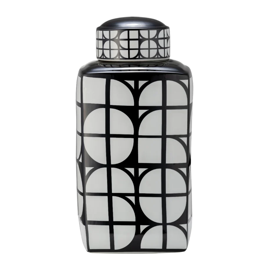 CER, 16"H SQUARE JAR W/ LID, BLACK/WHITE