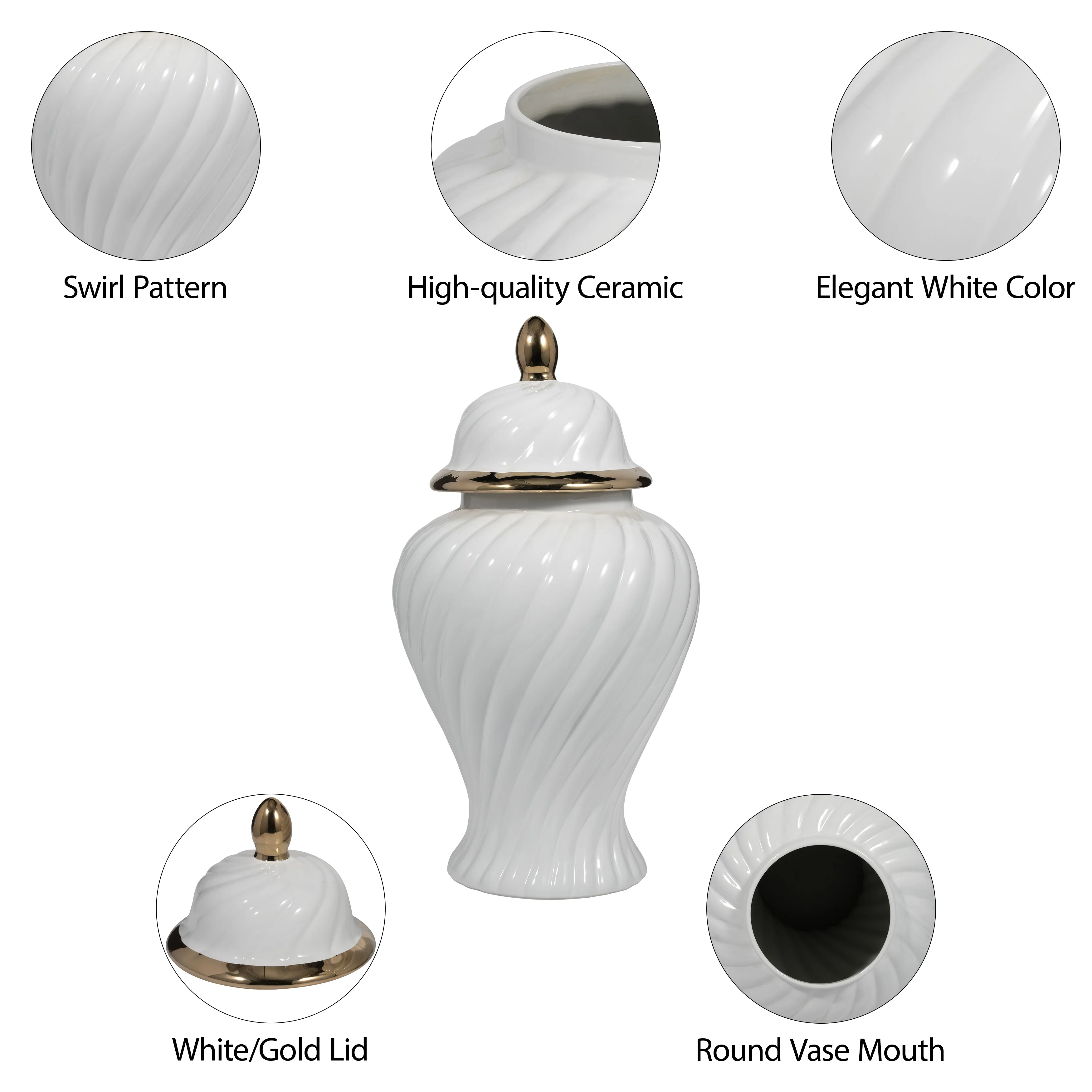 Cer, 20" Swirl Temple Jar, White/gold - Image 10