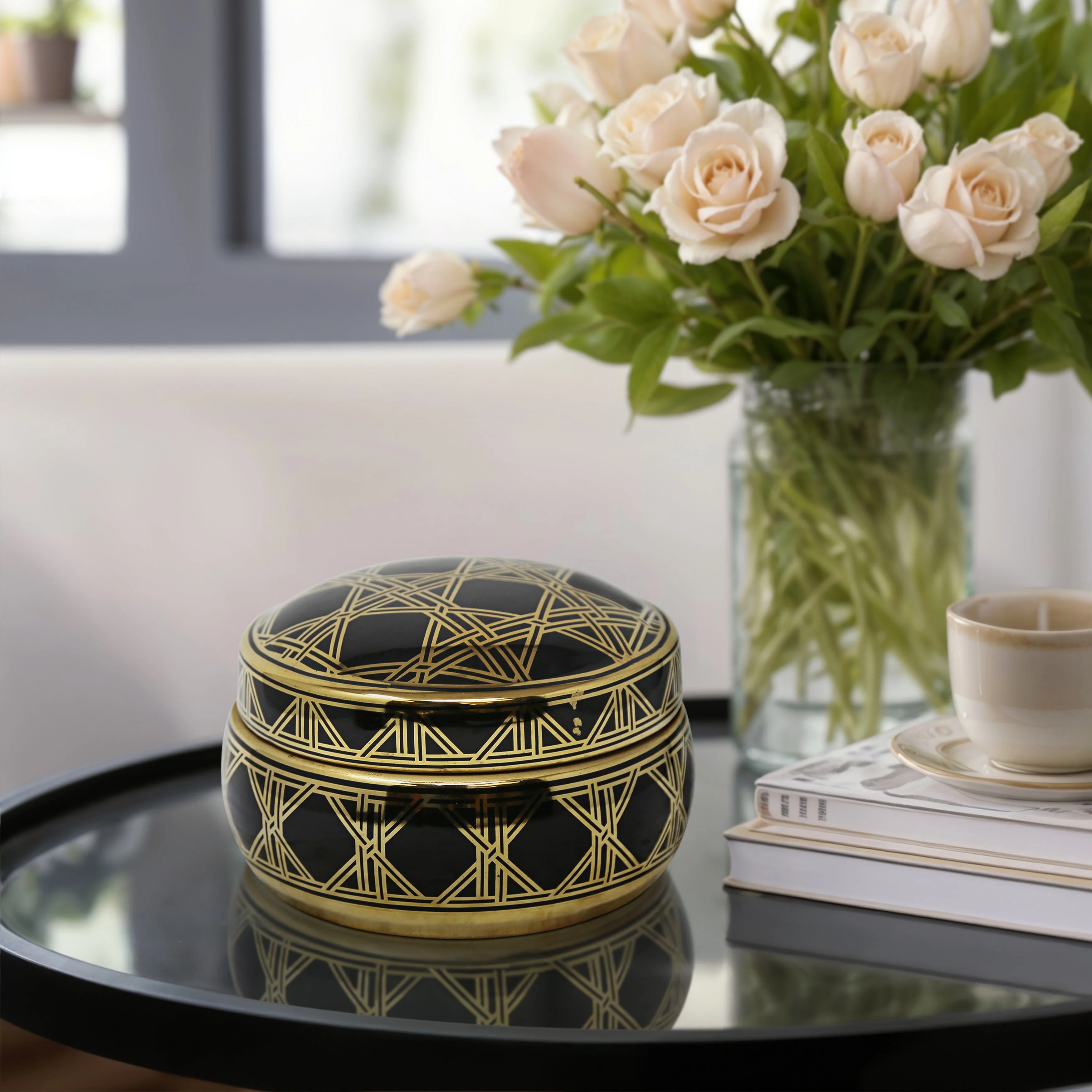 Ceramic Covered Square Design Jar, Black/Gold - Image 2