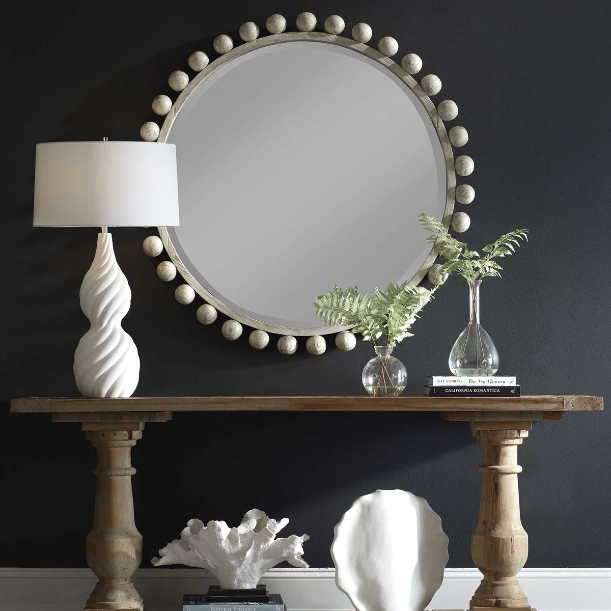 Cyra Wood Round Mirror, Aged Ivory - Image 2