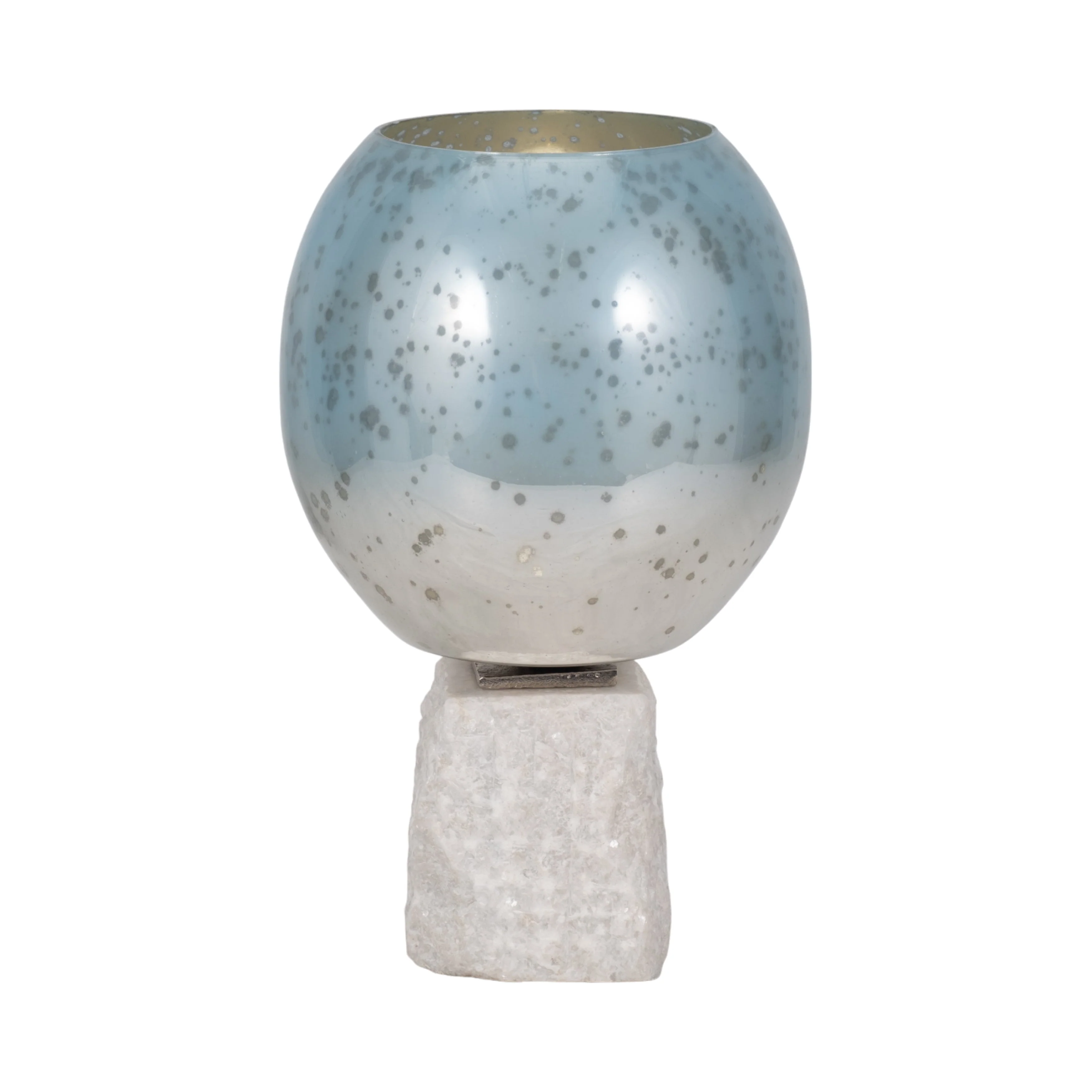 Glass, 13" Bowl Pillar Holder Marble Base, Aqua/wh - Image 3