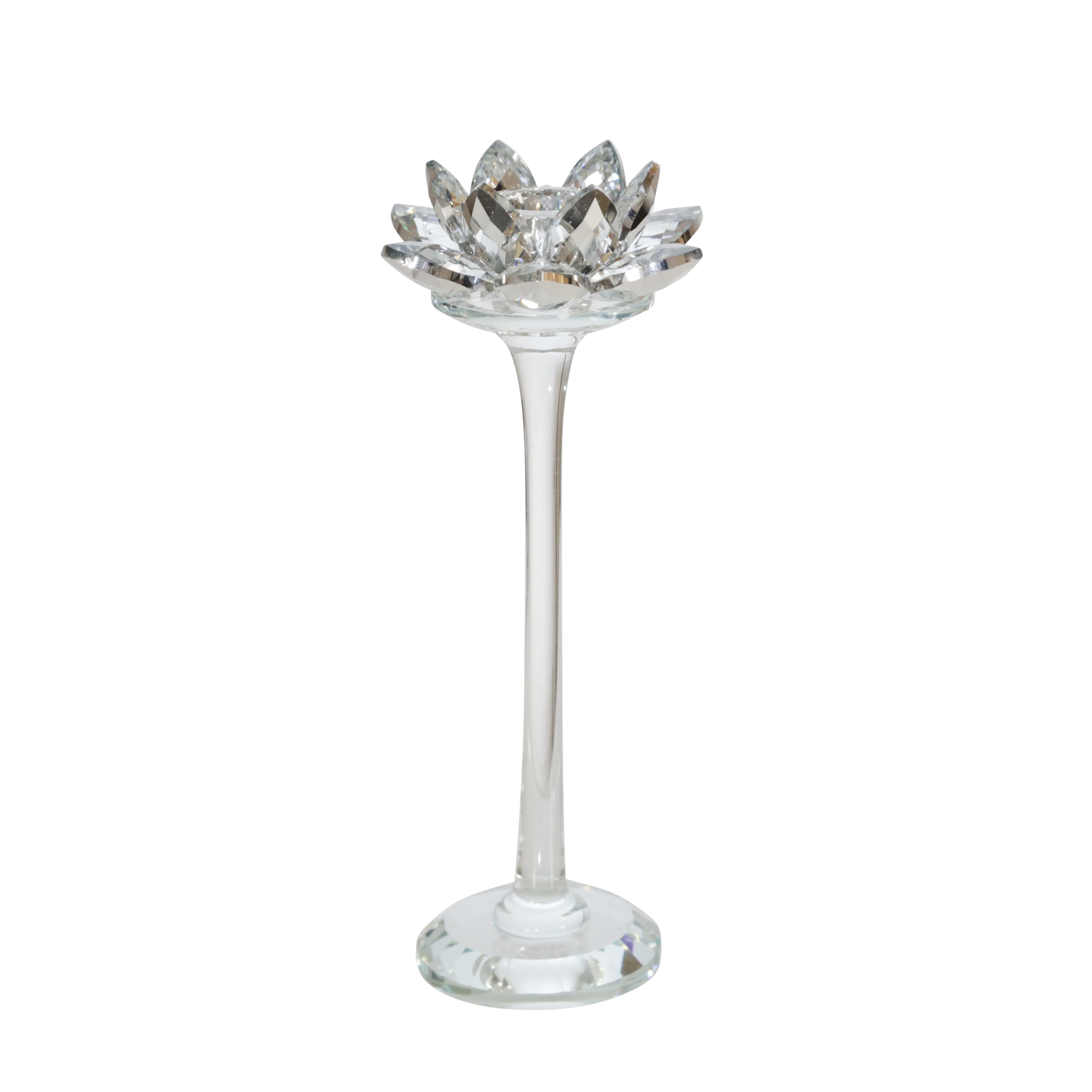GLASS 9" LOTUS CANDLE HOLDER, SILVER