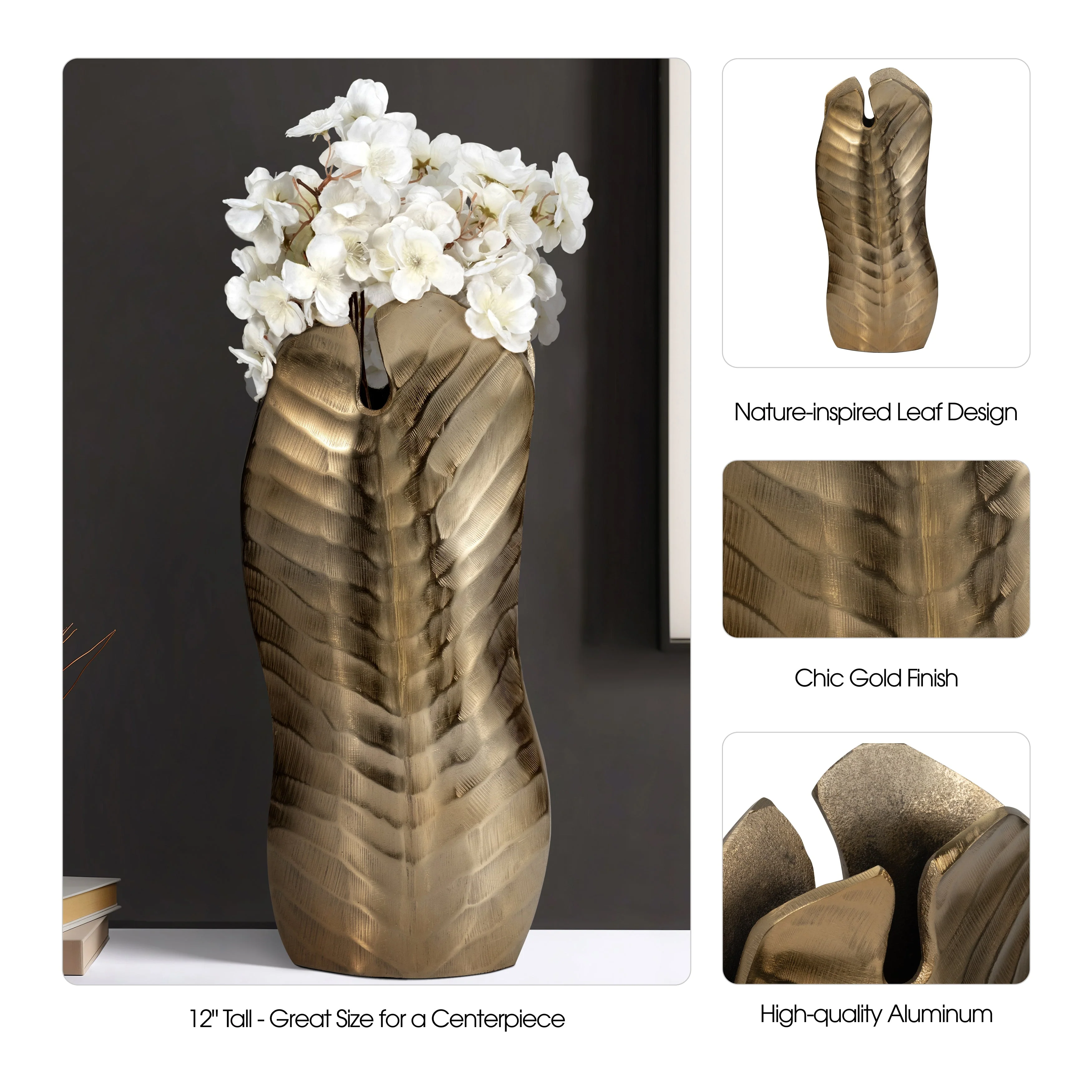 Metal, 16" Botanic Tall Leaf Vase, Gold - Image 10