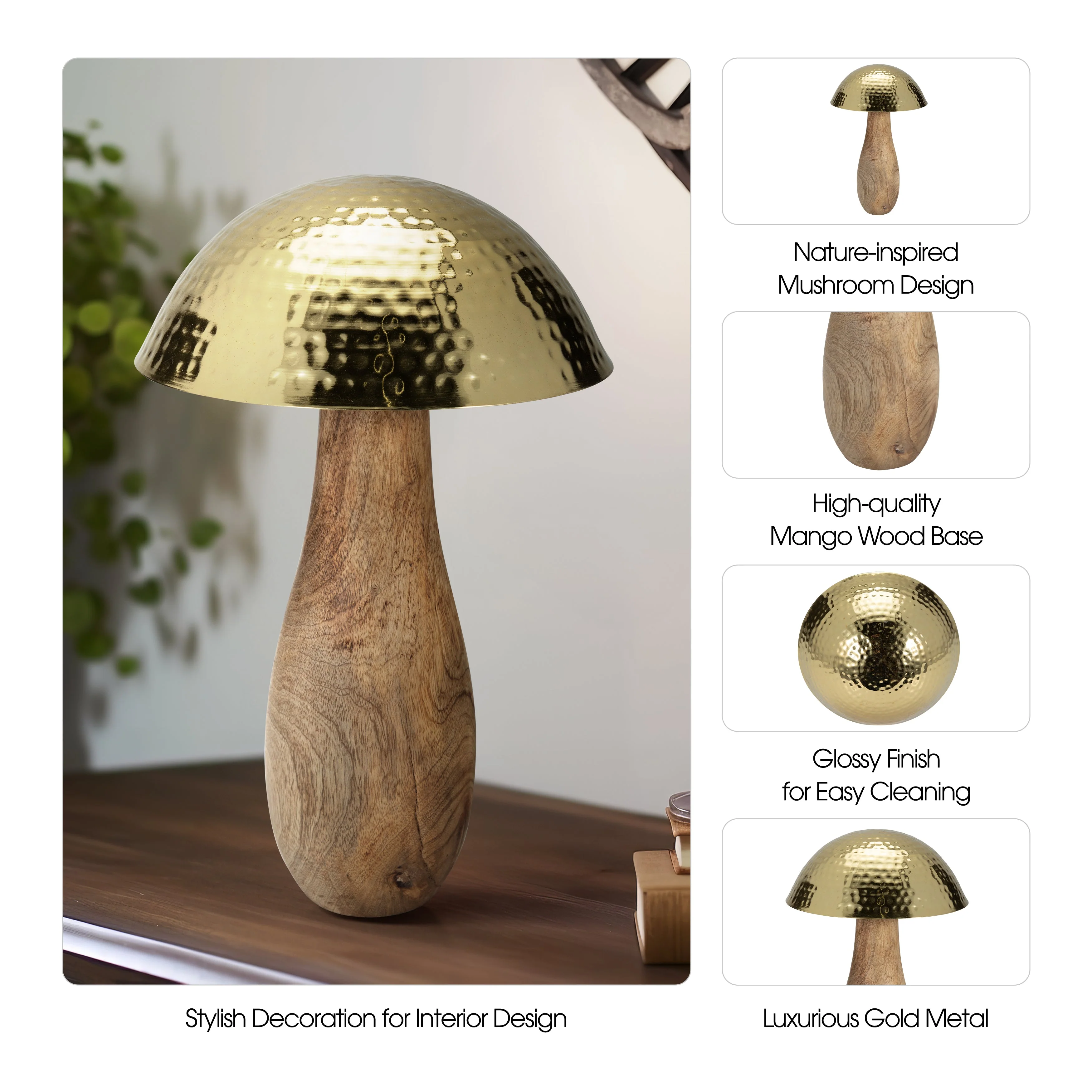 Metal, 16" Mushroom W/ Wood Base, Gold - Image 10