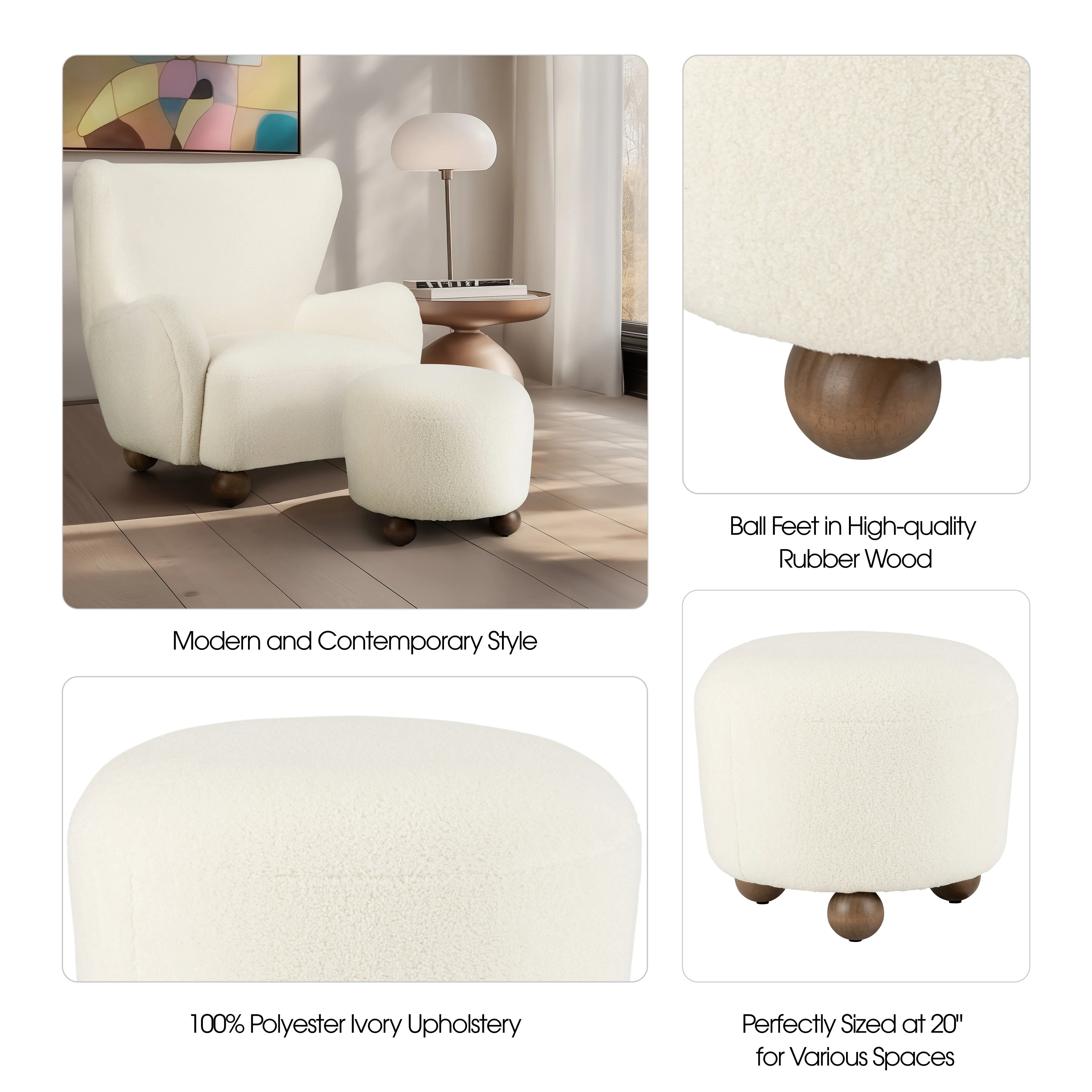 Round Ottoman W/ Ball Feet, Beige - Image 19