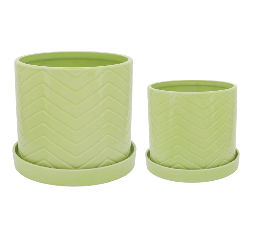 S/2 10/12" CHEVRON PLANTER W/ SAUCER, GREEN