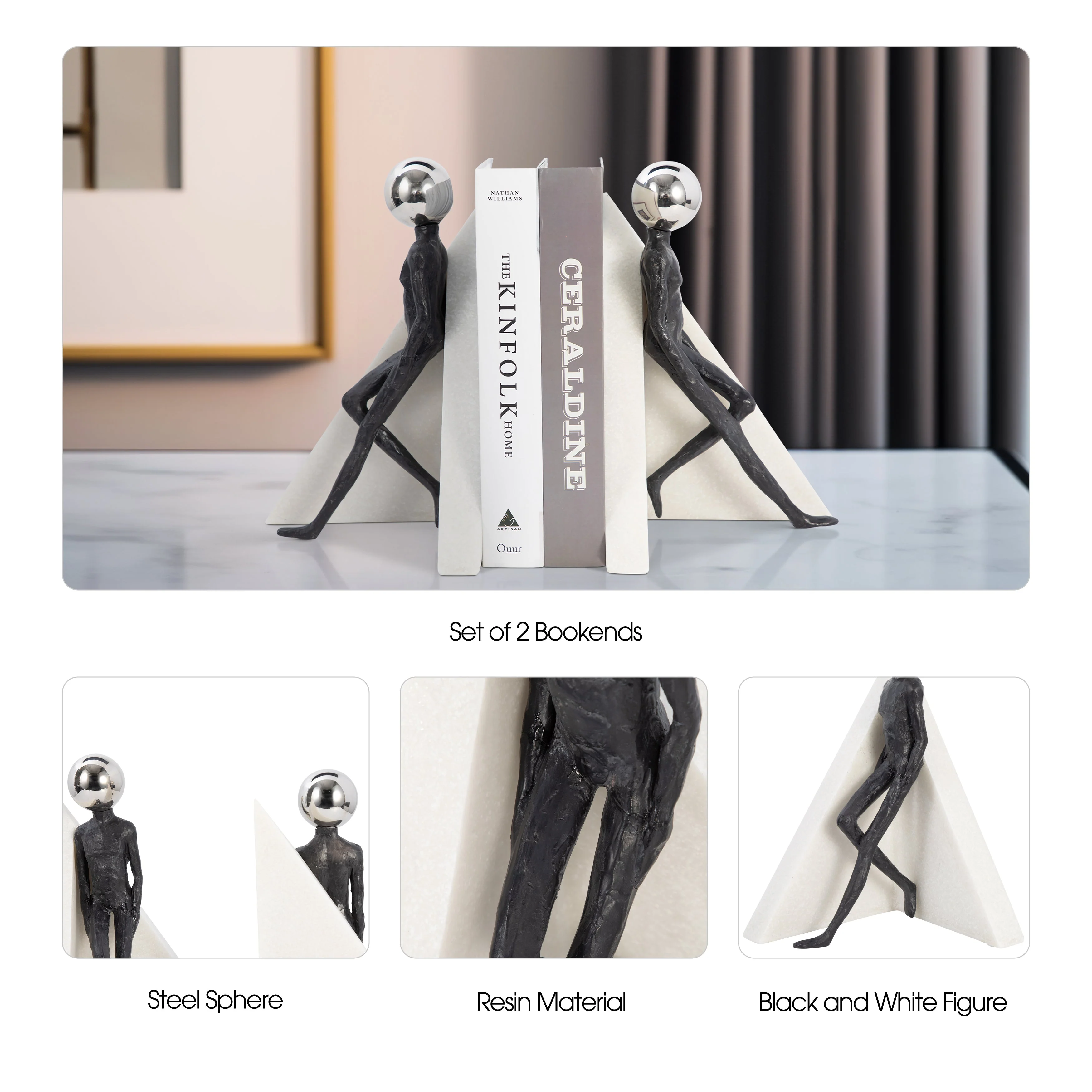 S/2 11" Crestone Figure Bookends With Steel Sphere - Image 6