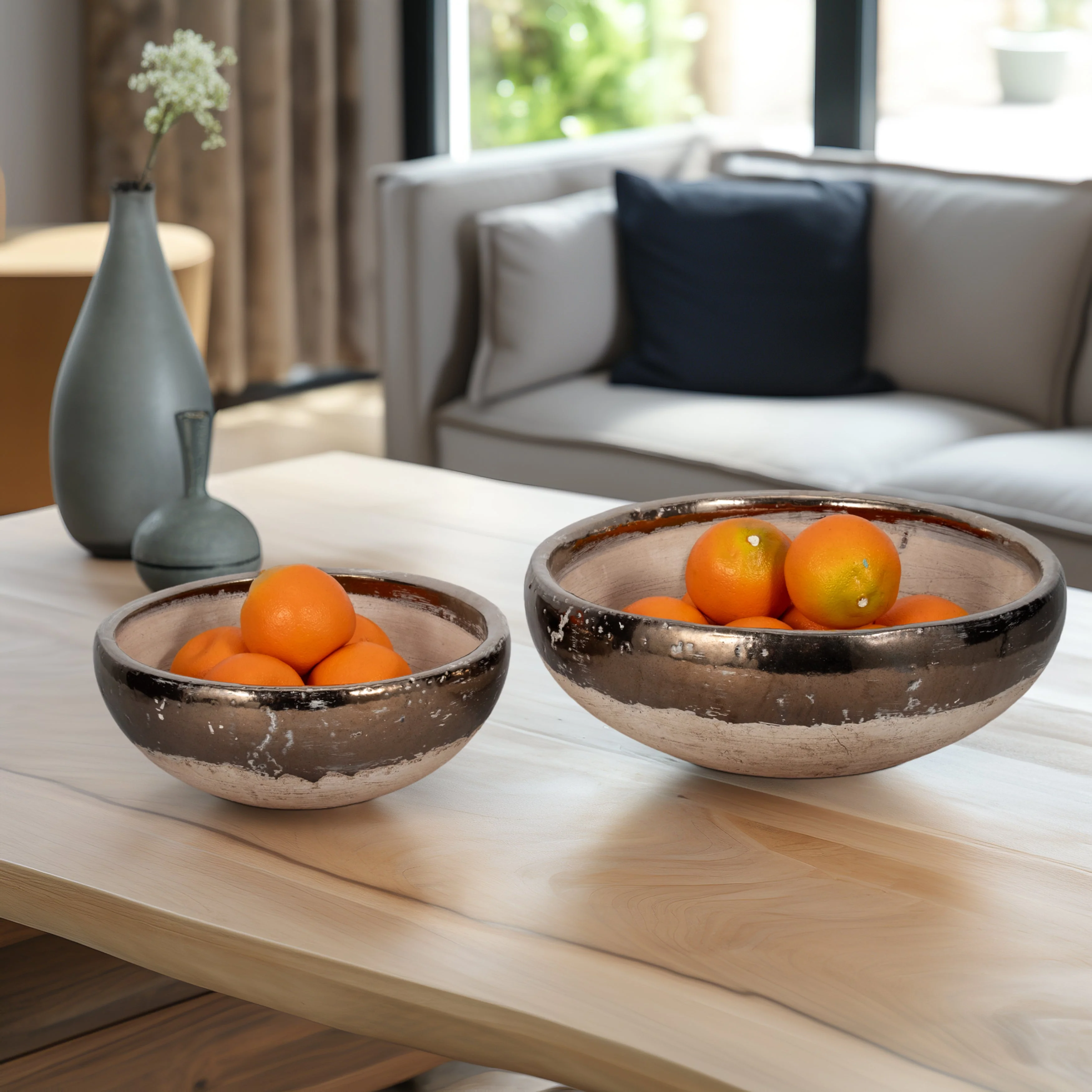 S/2 12/15" Gold Rim Terracotta Bowls, Grey - Image 8