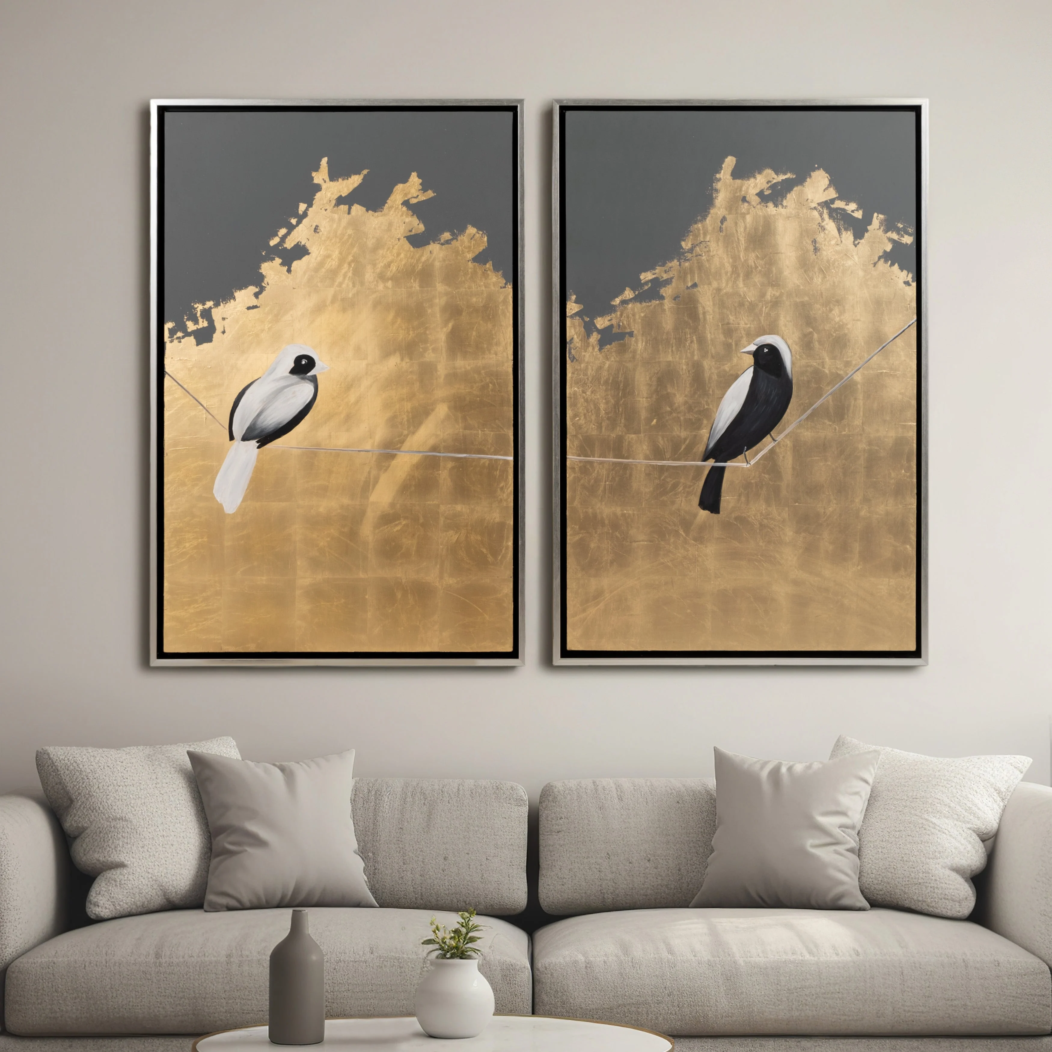 S/2 63x47 Hand Painted Birds On Wire, Gold - Image 24