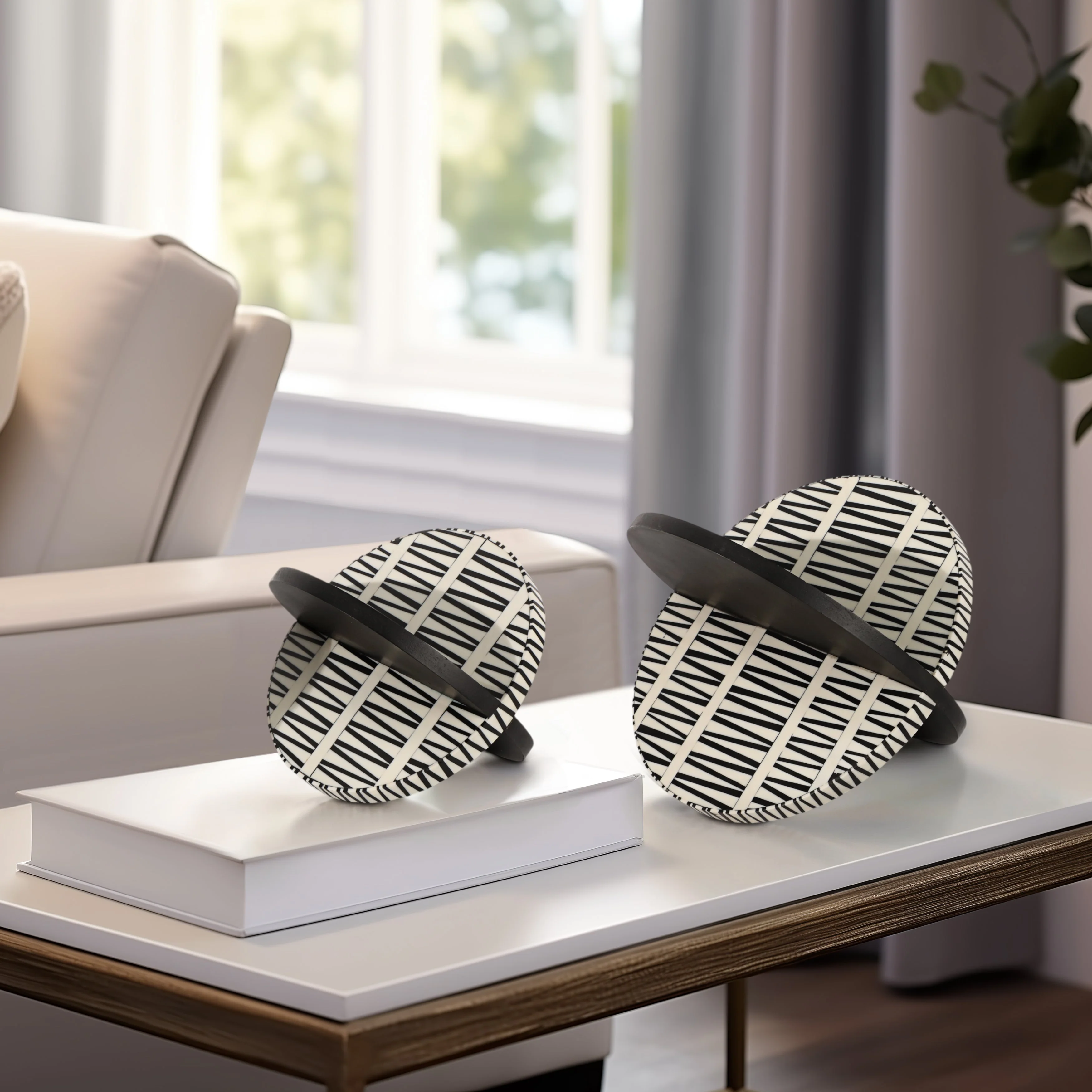 S/2 7/10" Gobiel Black & White Resin Orbs - Image 9