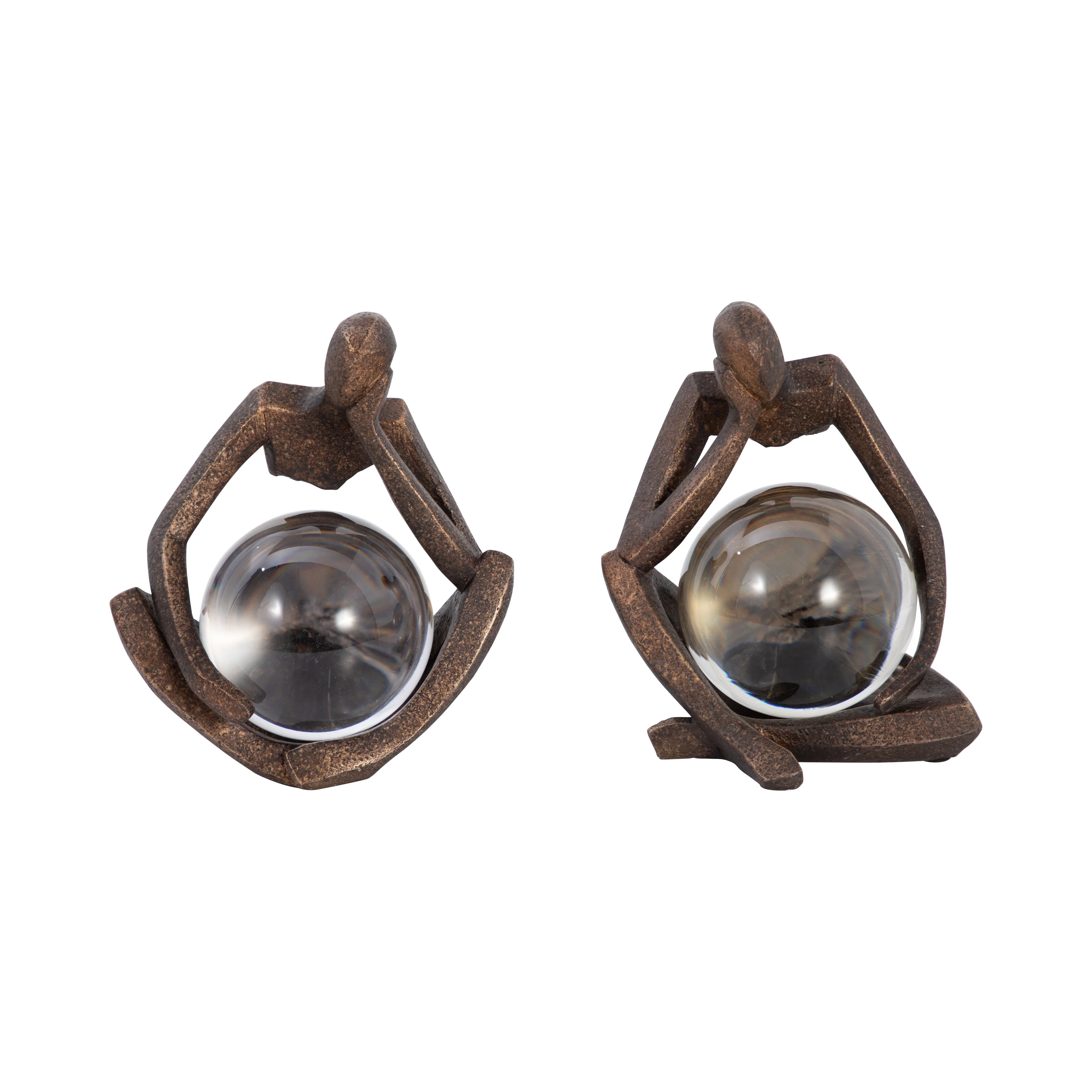 S/2 8" Aracar Statuary With Crystal Sphere, Bronze - Image 11
