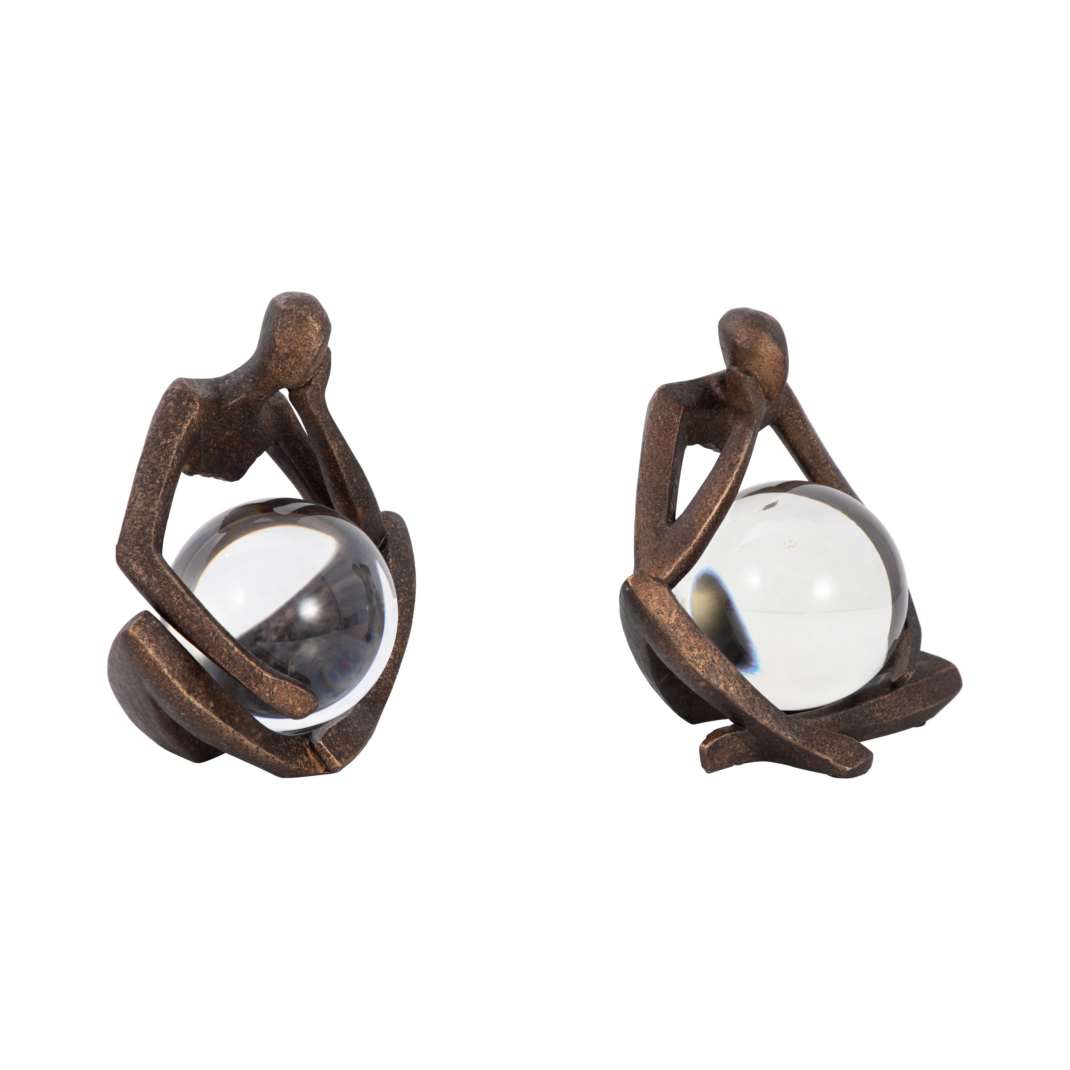 S/2 8" Aracar Statuary With Crystal Sphere, Bronze - Image 12