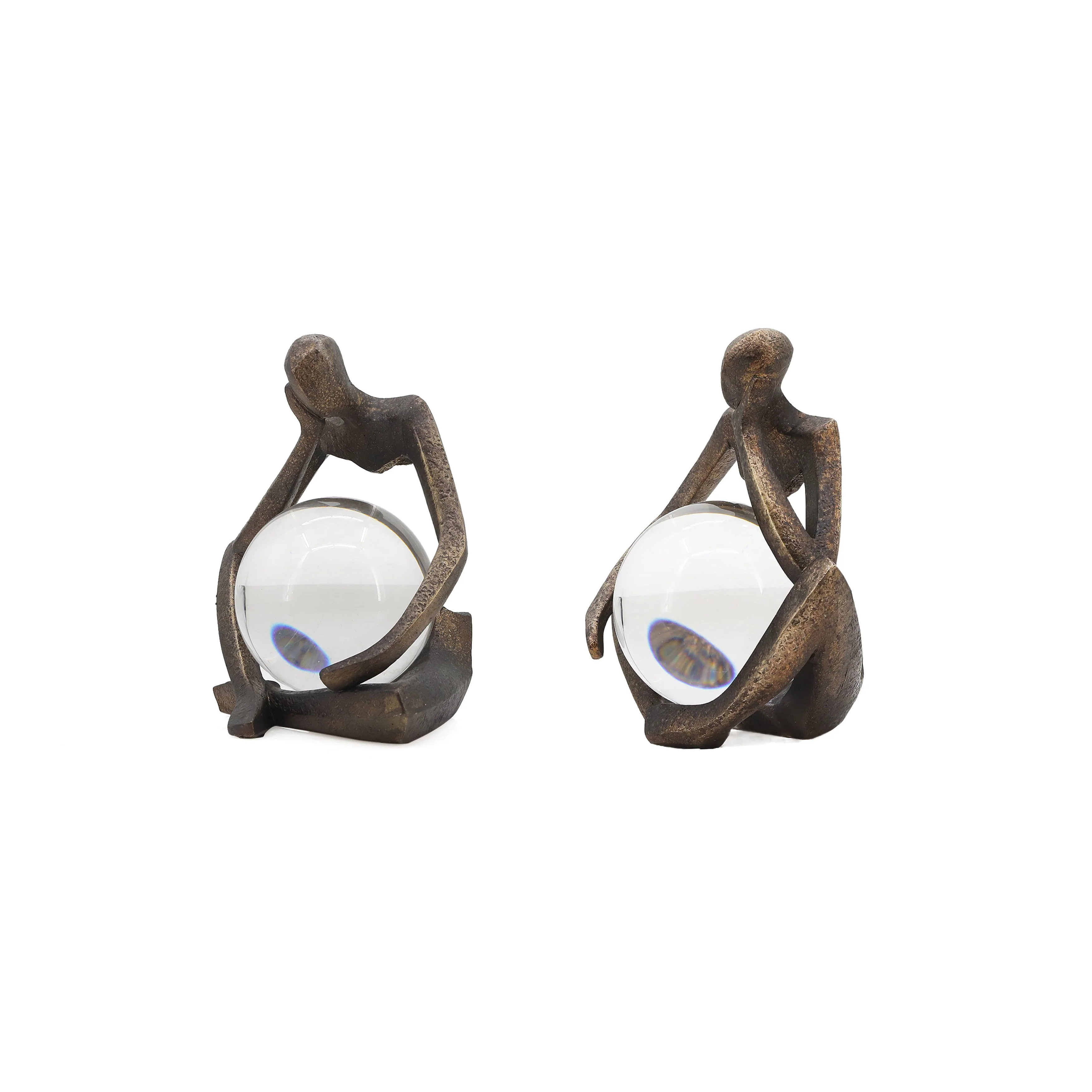 S/2 8" Aracar Statuary With Crystal Sphere, Bronze - Image 2