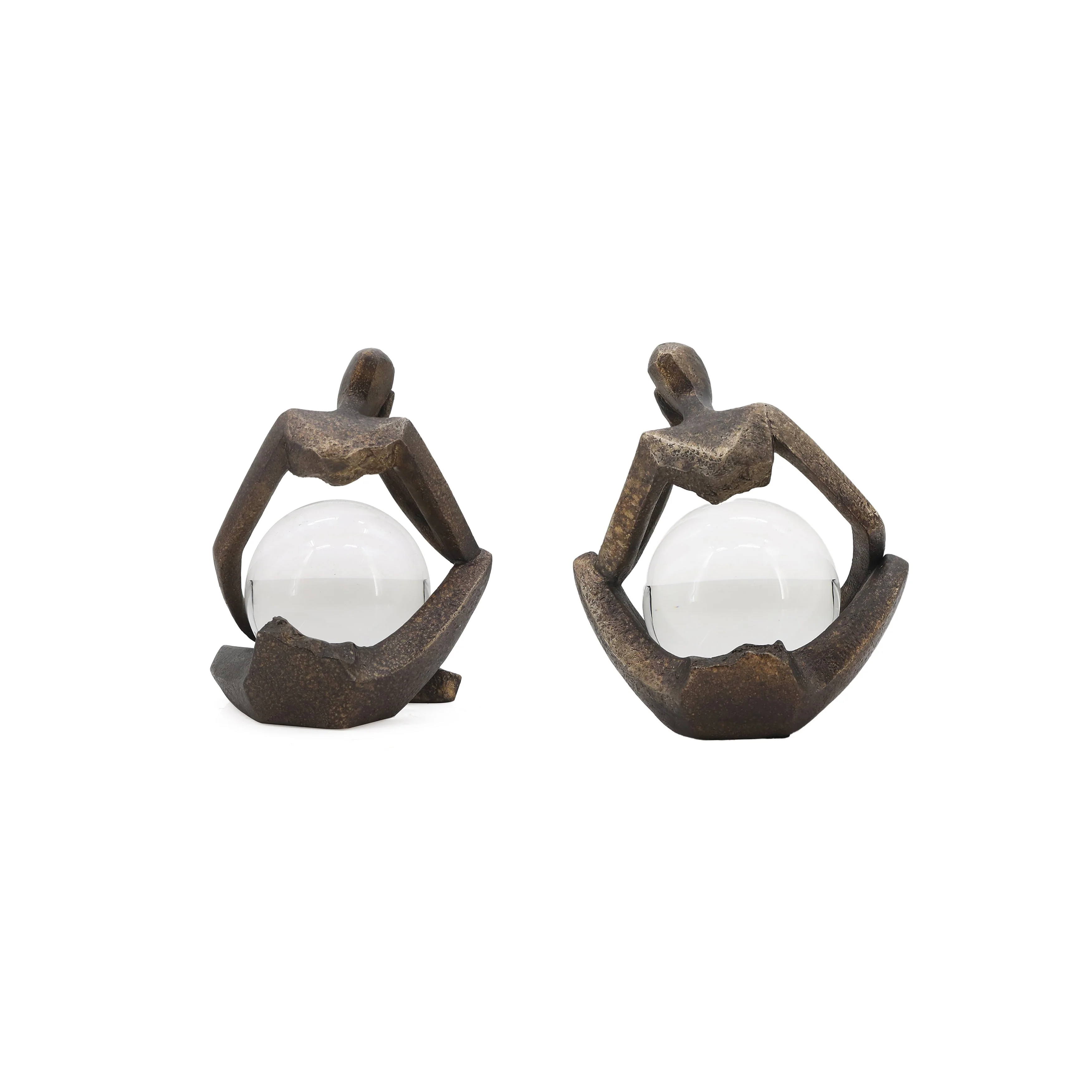 S/2 8" Aracar Statuary With Crystal Sphere, Bronze - Image 4