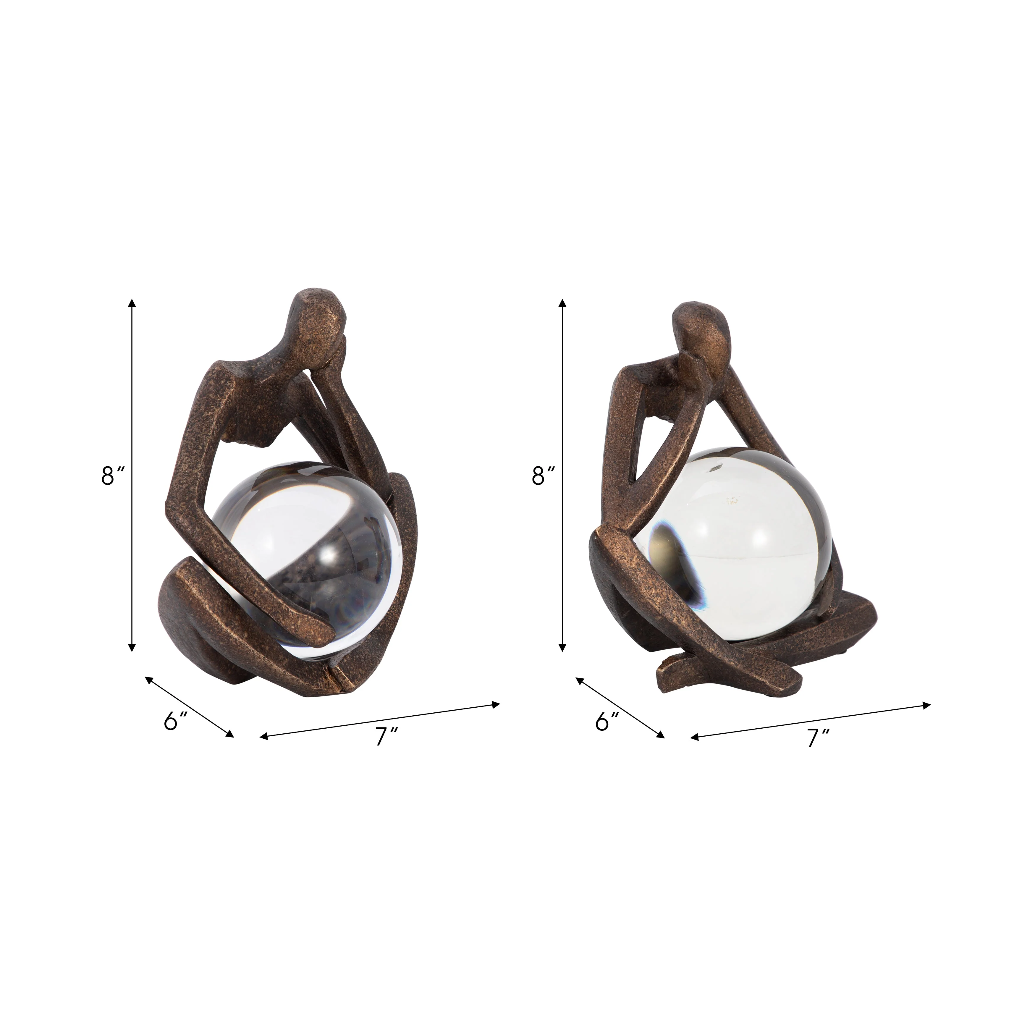 S/2 8" Aracar Statuary With Crystal Sphere, Bronze - Image 8
