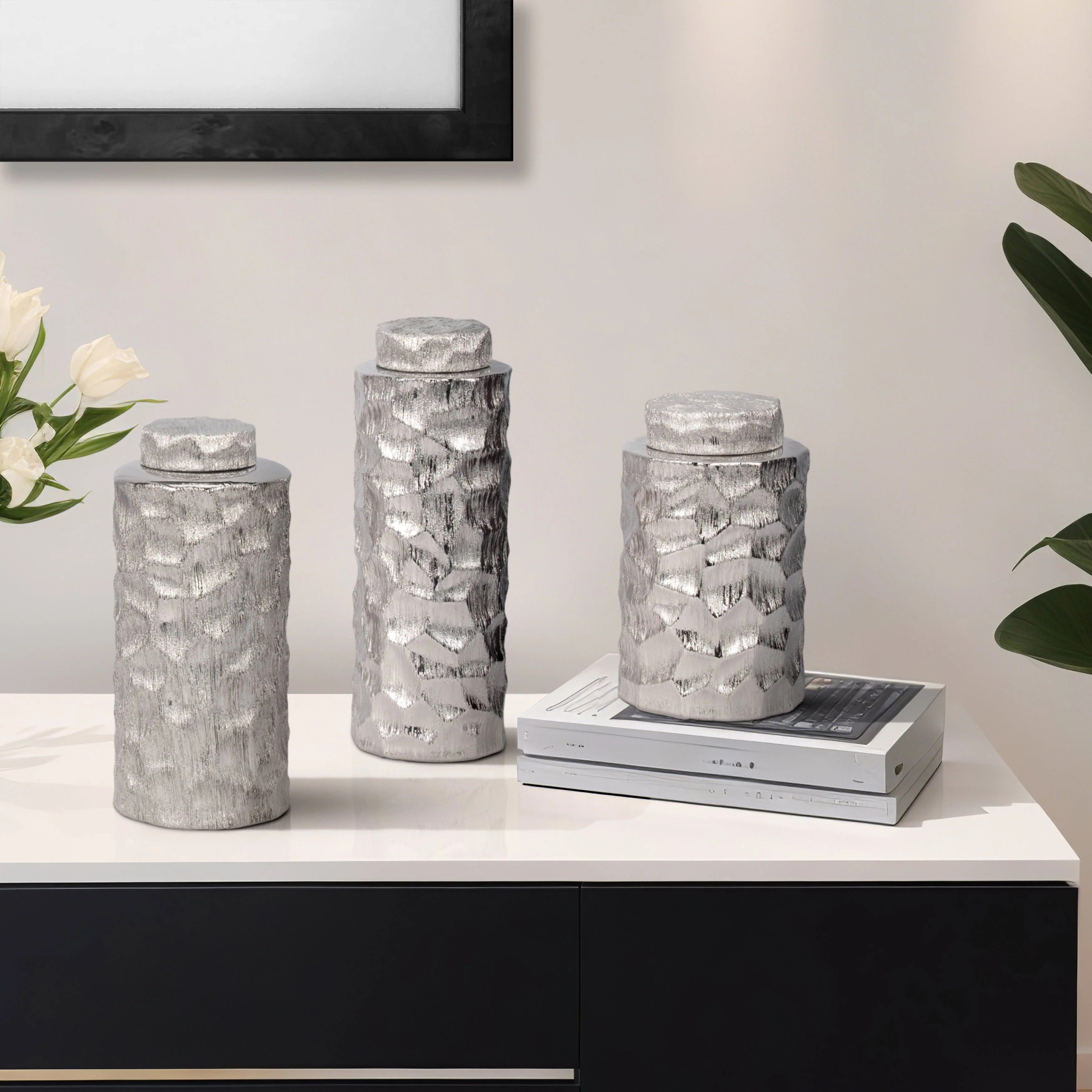 S/3 10/13/14" Anita Silver Ceramic Lidded Jars - Image 9