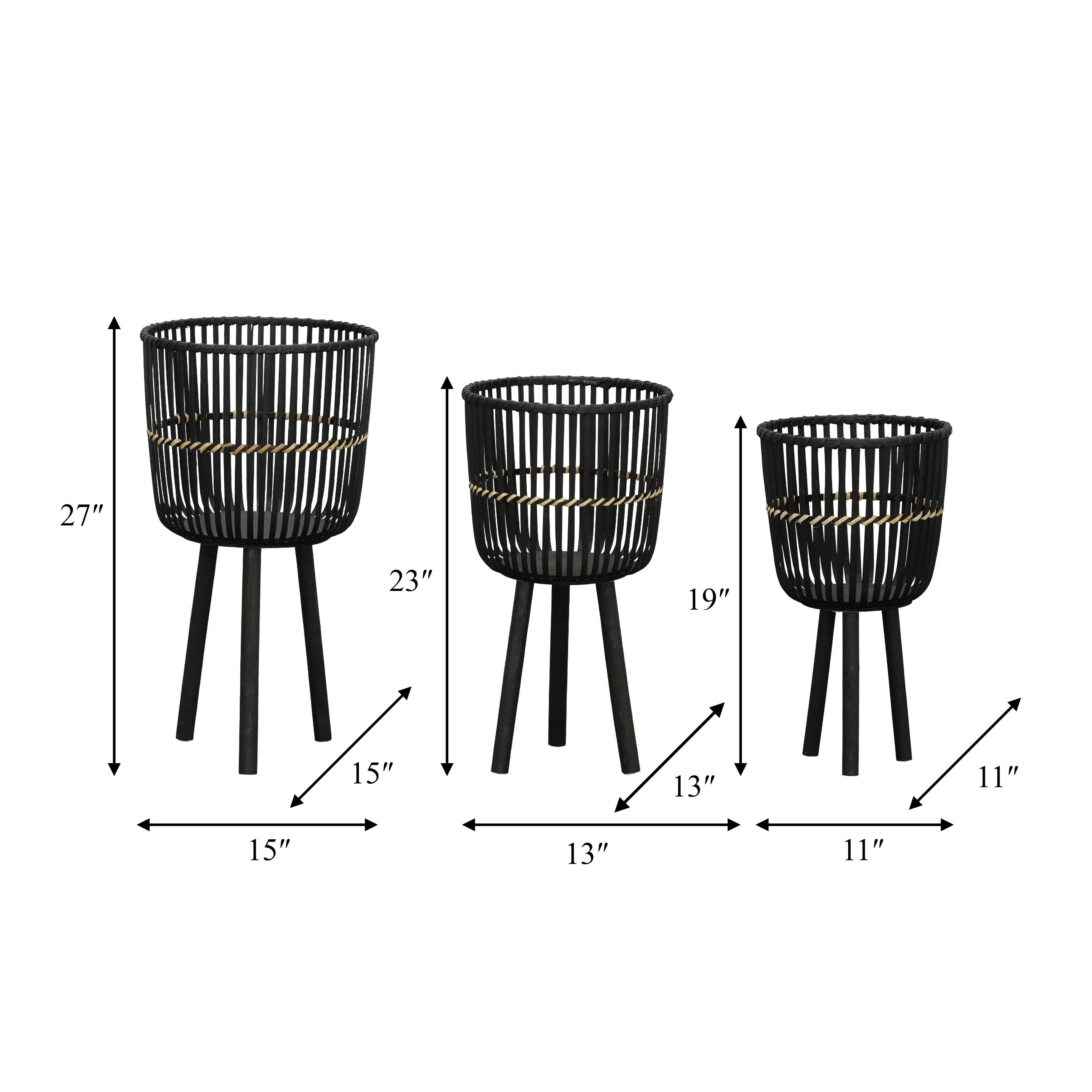 S/3 BAMBOO FOOTED PLANTERS 11/13/15", BLACK - Image 15