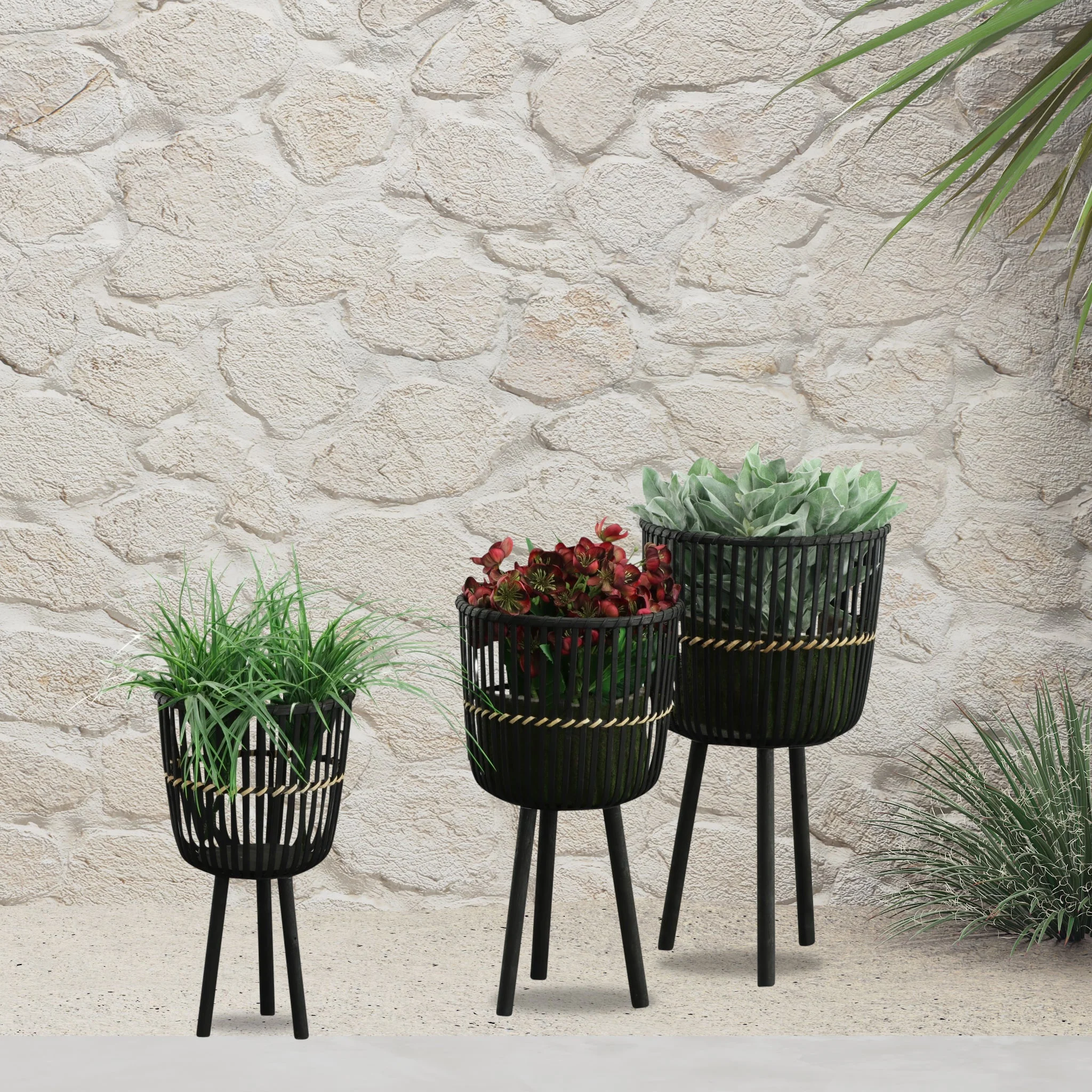 S/3 BAMBOO FOOTED PLANTERS 11/13/15", BLACK - Image 16