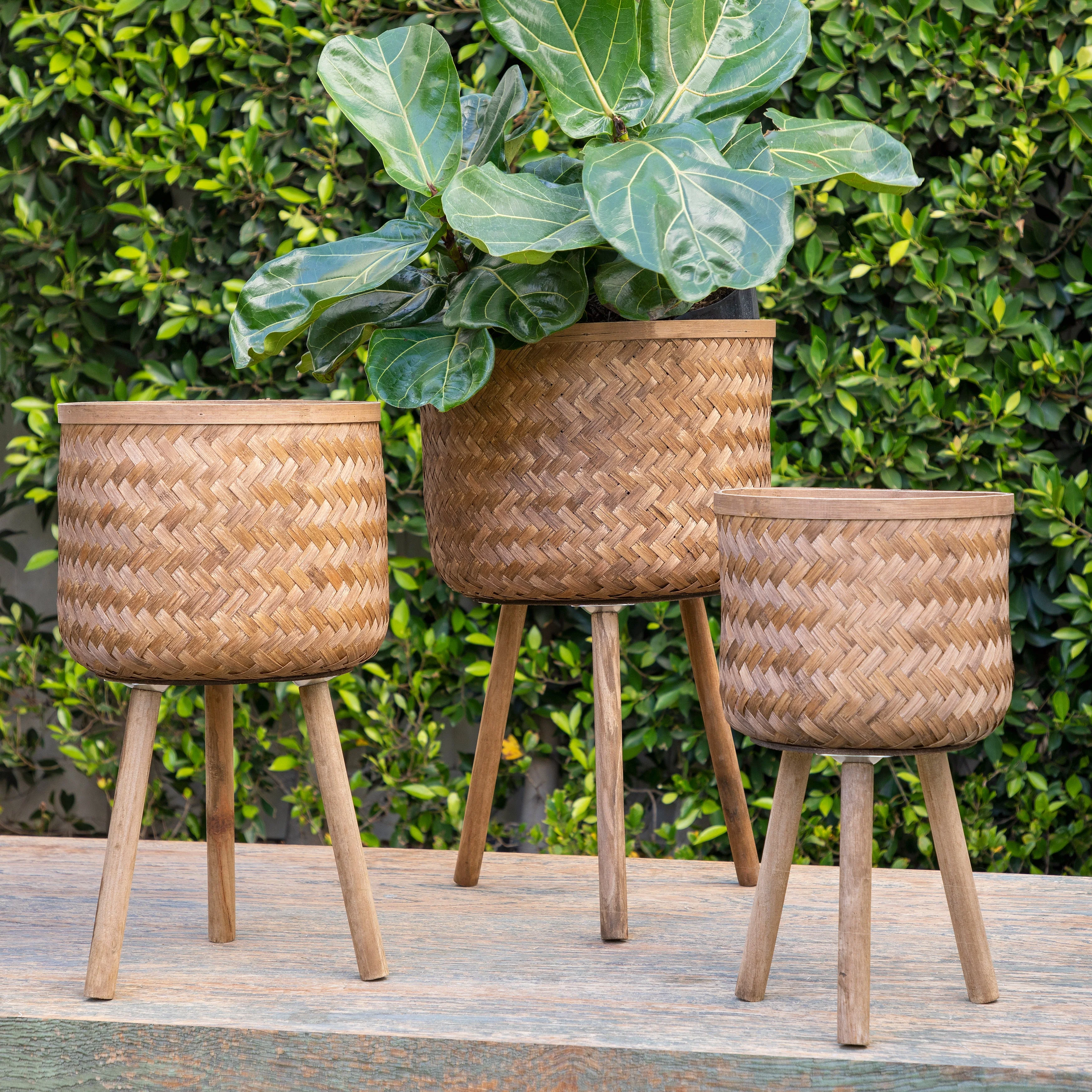 S/3 BAMBOO PLANTERS 11/13/15" BROWN - Image 11
