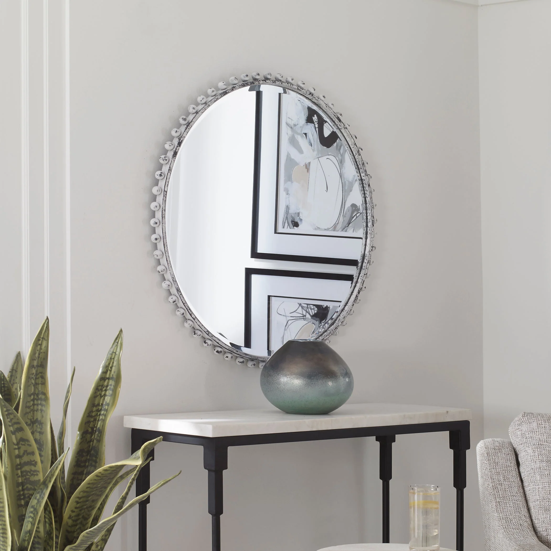 Taza Round Mirror, Antique White - Image 4