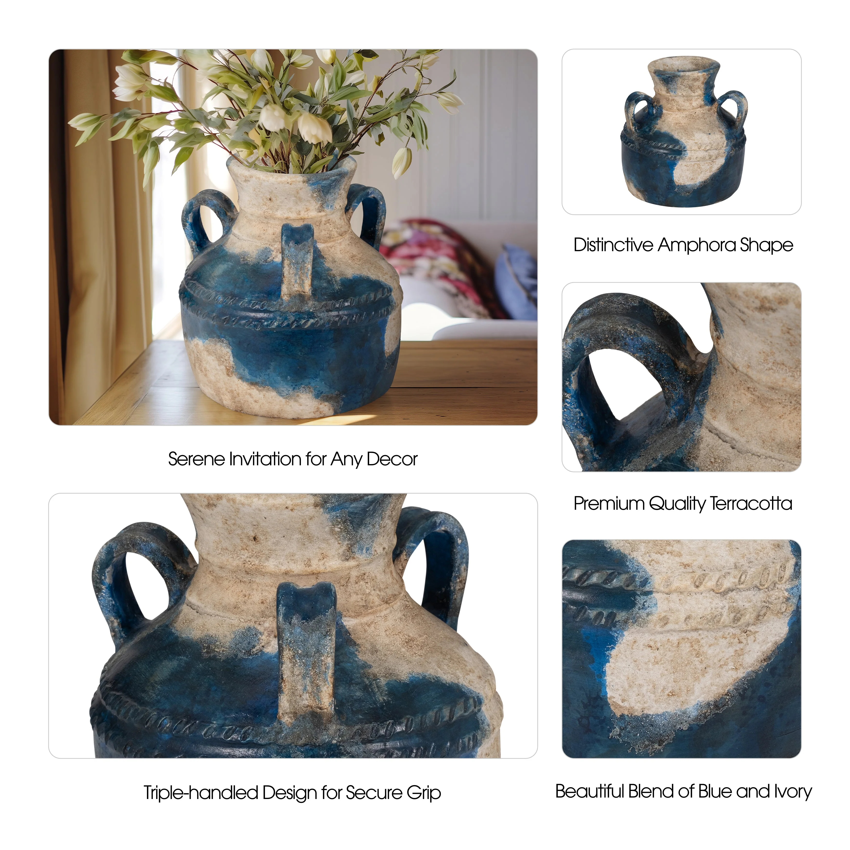Terracotta, 12" Triple Handle Jug, Blue/ivory - Image 19