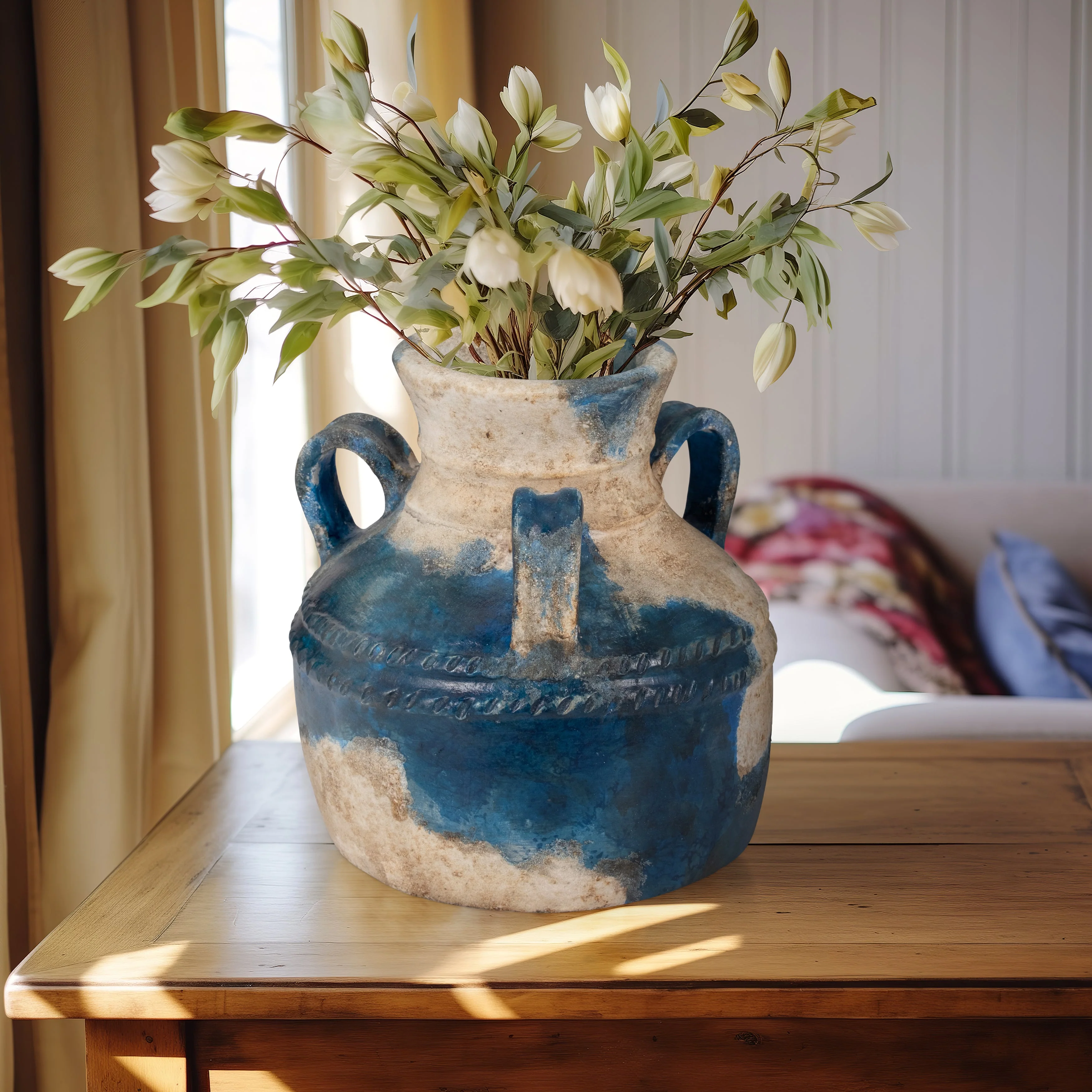 Terracotta, 12" Triple Handle Jug, Blue/ivory - Image 20