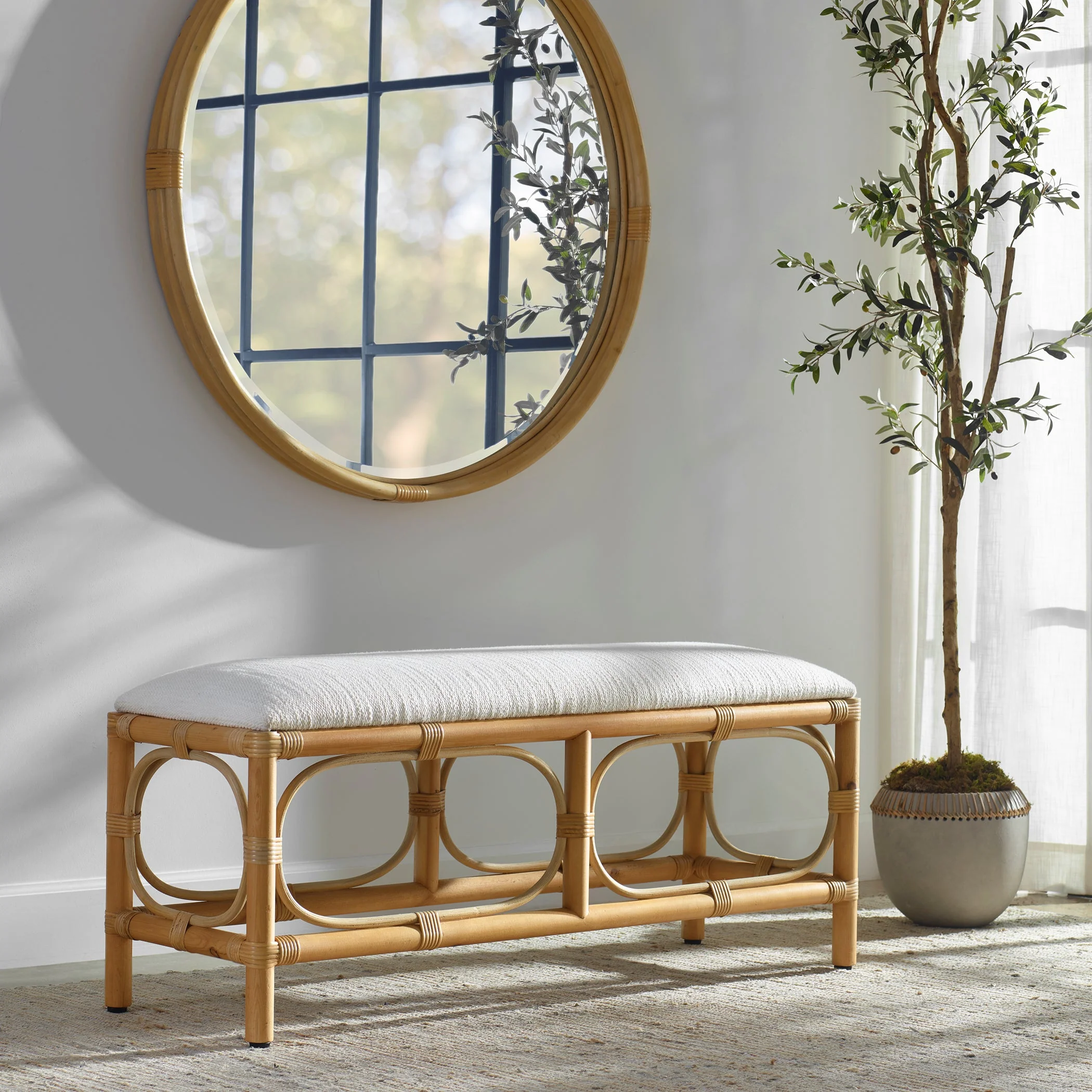 Uttermost Laguna White Fabric Rattan Bench - Image 4